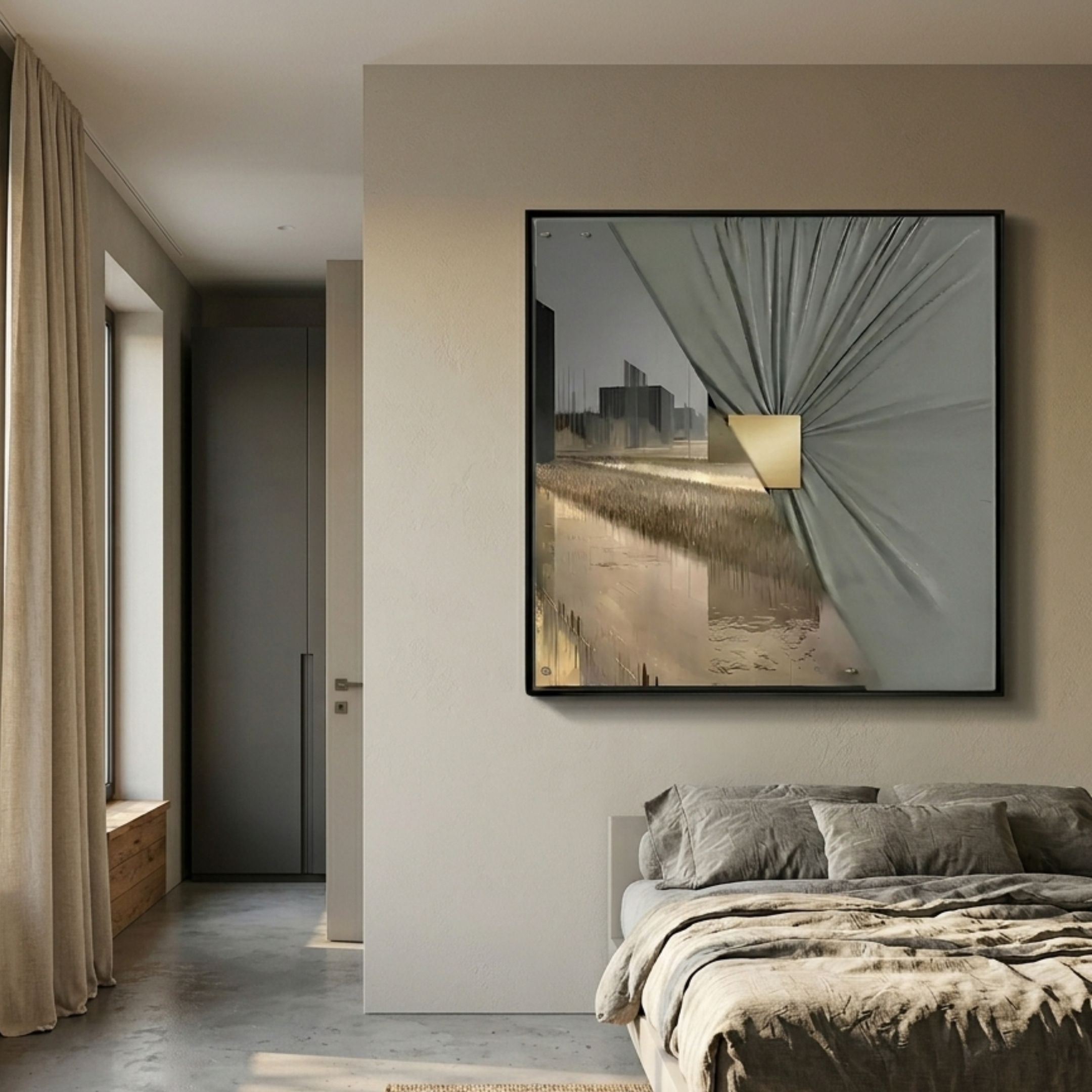 Urbanist III Abstract Architecture Acrylic & Leather 3D Wall Art by Giant Sculptures, grey cityscape with gold square accent, mounted above a linen bed.