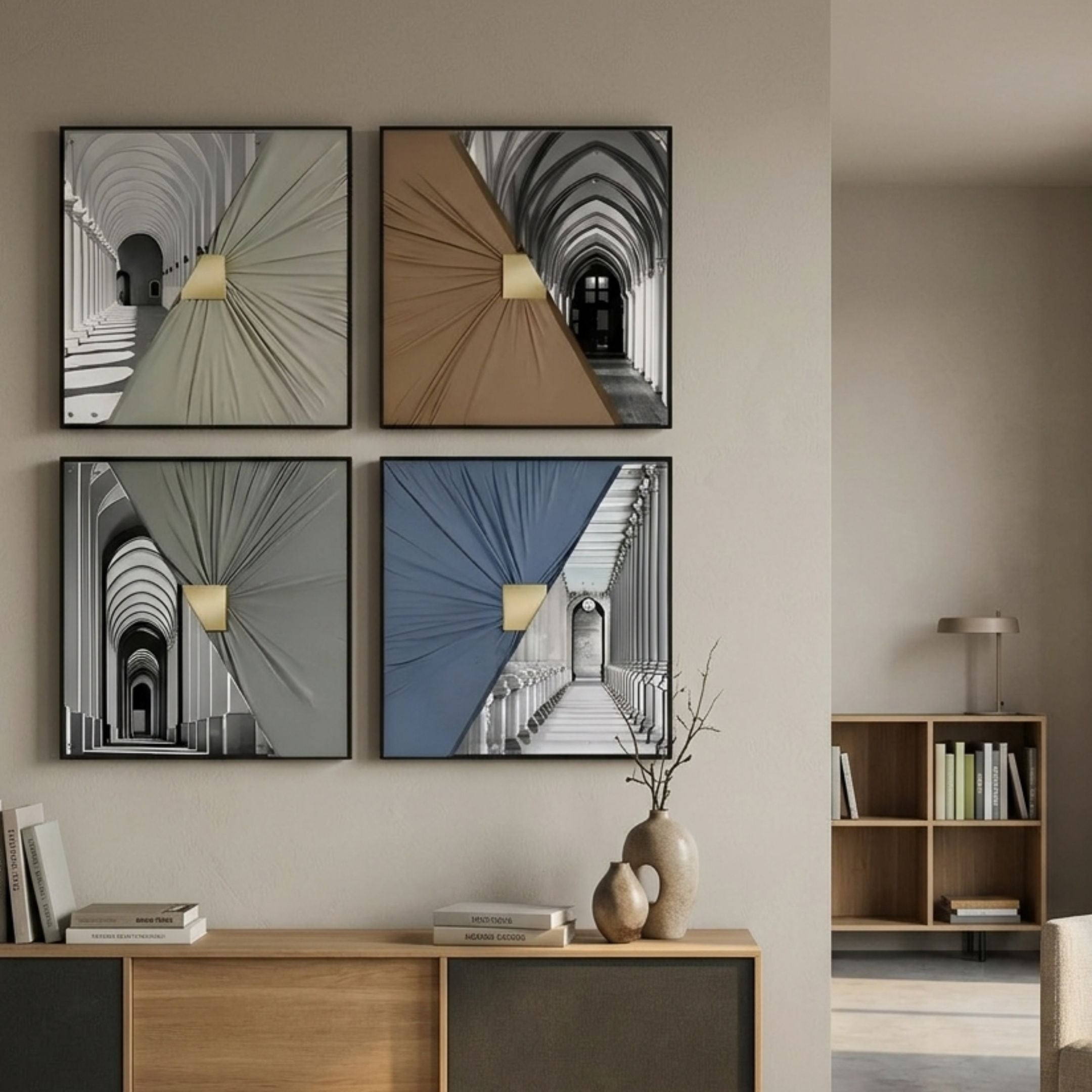 Urbanist 4-Set Architectural Arches Acrylic & Leather 3D Wall Art by Giant Sculptures displayed above a wooden sideboard with vases in a neutral living room.
