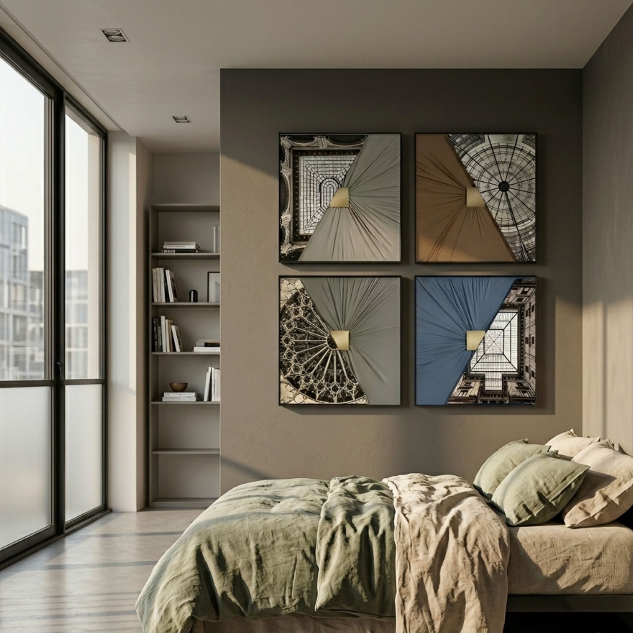 Urbanist 4-Set Vaulted Realms Acrylic & Leather 3D Wall Art by Giant Sculptures in taupe, brown and blue, displayed as a 2x2 grid above a bed.