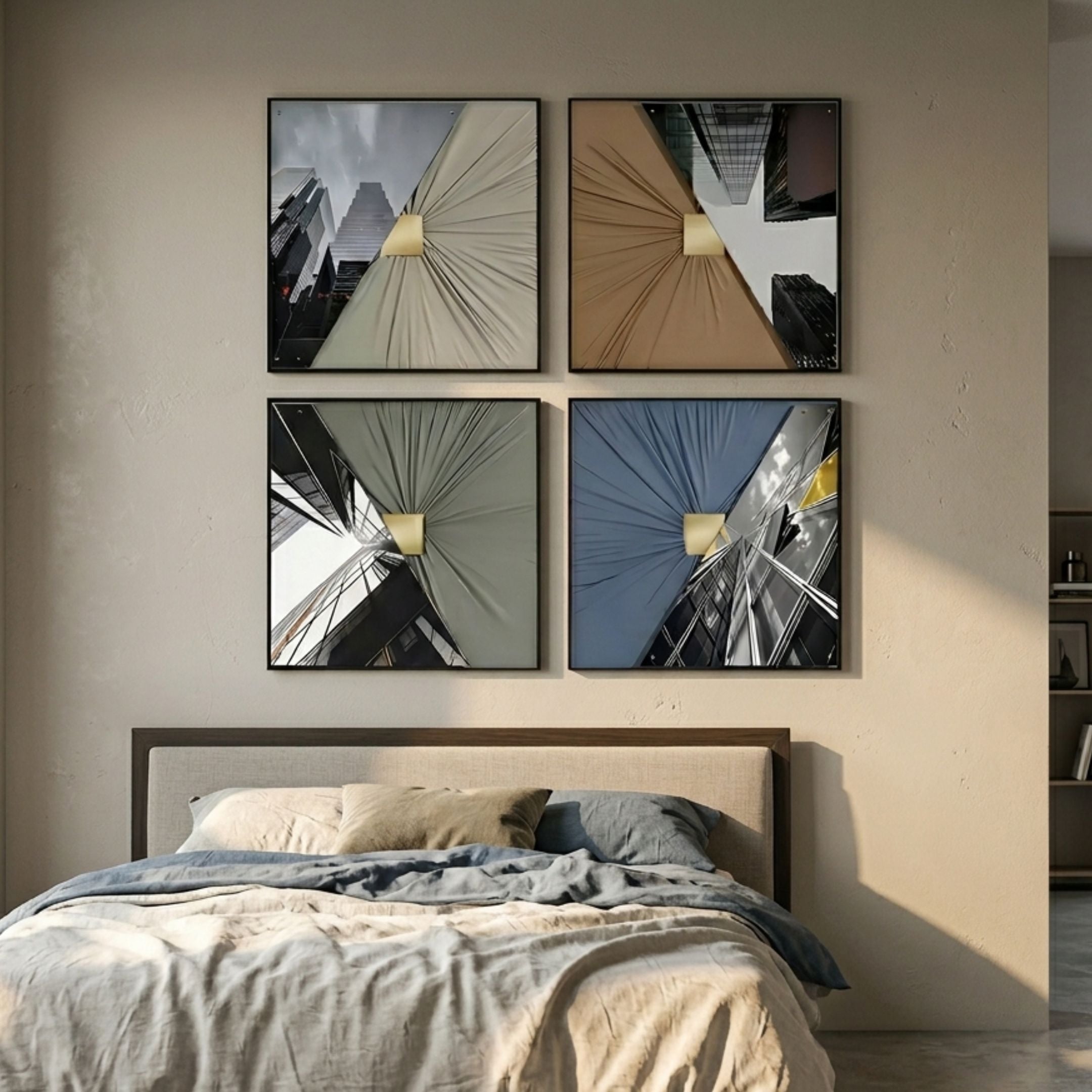 Urbanist 4-Set Reflected Towers Acrylic & Leather 3D Wall Art by Giant Sculptures in beige, tan, green, and blue, displayed above an upholstered bed.