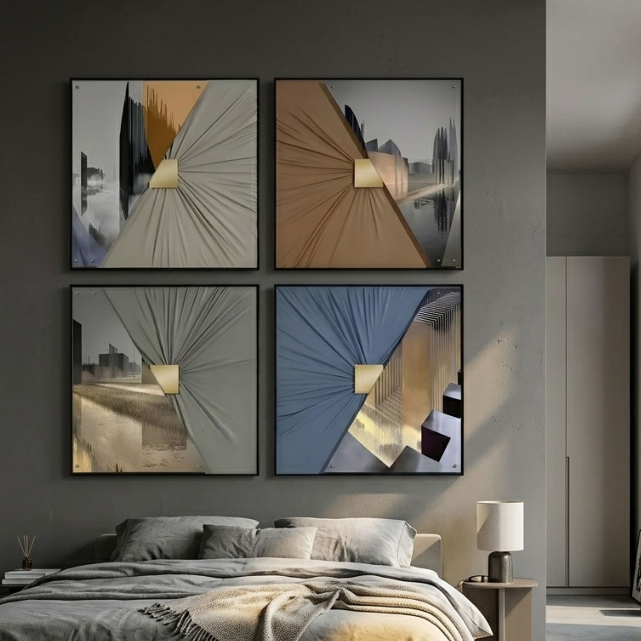 Urbanist 4-Set Split Cityscape Acrylic & Leather 3D Wall Art by Giant Sculptures in grey, brown, gold, and blue, displayed above a bed in a modern bedroom.