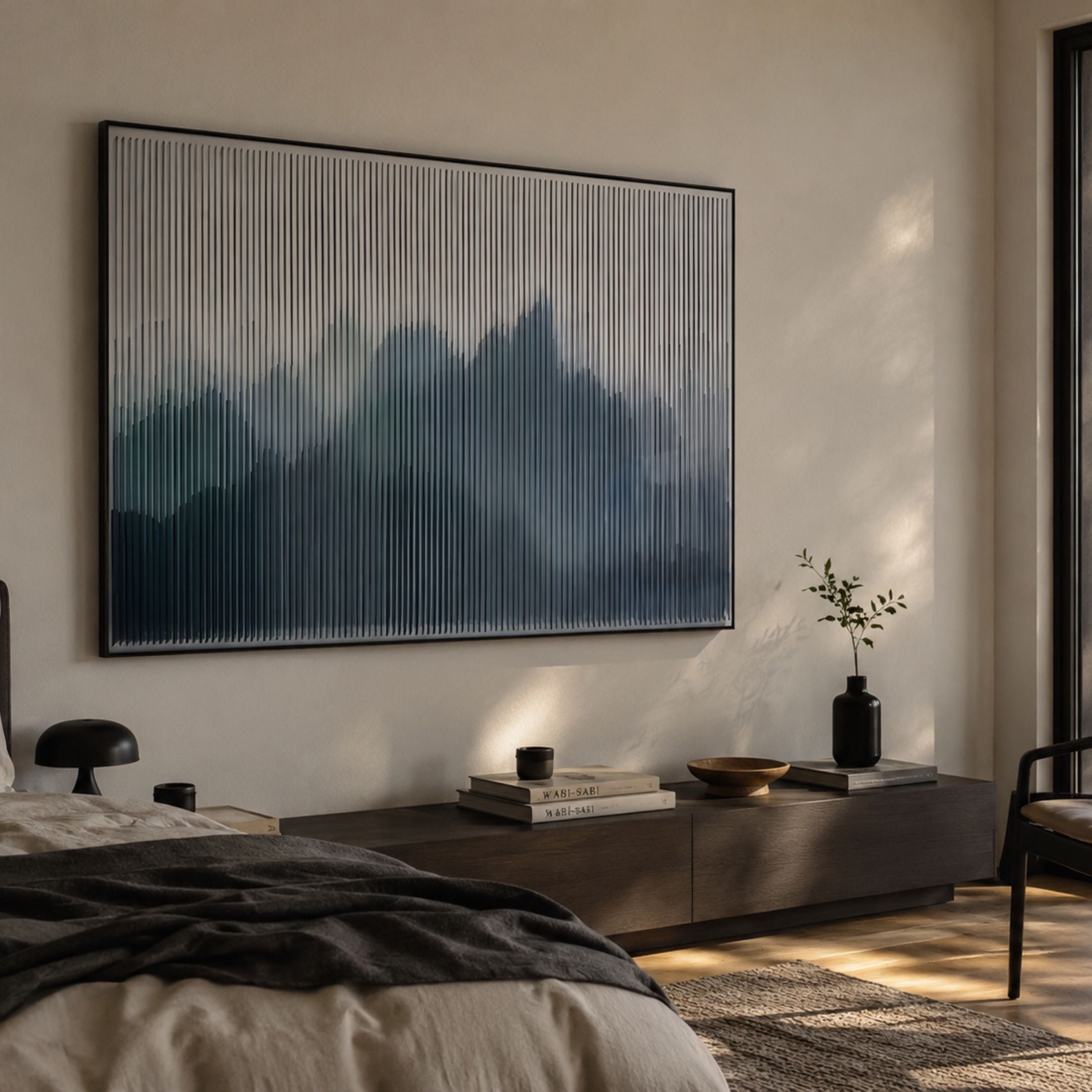 Horizon I Slate Mist Mountain Acrylic 3D Wall Art by Giant Sculptures displayed above a dark wood console in a minimalist bedroom with warm lighting.