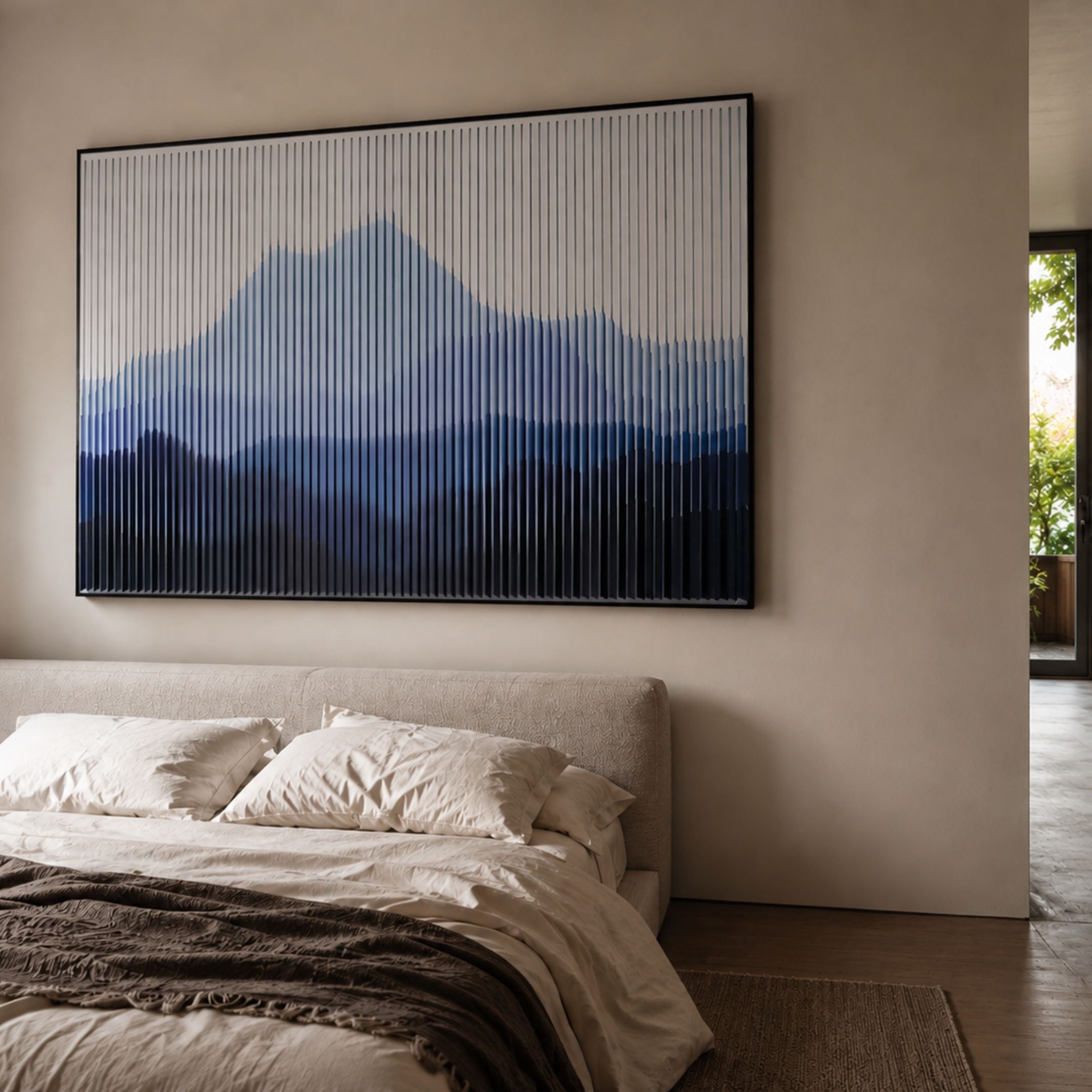 Horizon Indigo Sky Mountain Acrylic 3D Wall Art by Giant Sculptures mounted above an upholstered bed with cream linens in a modern bedroom.