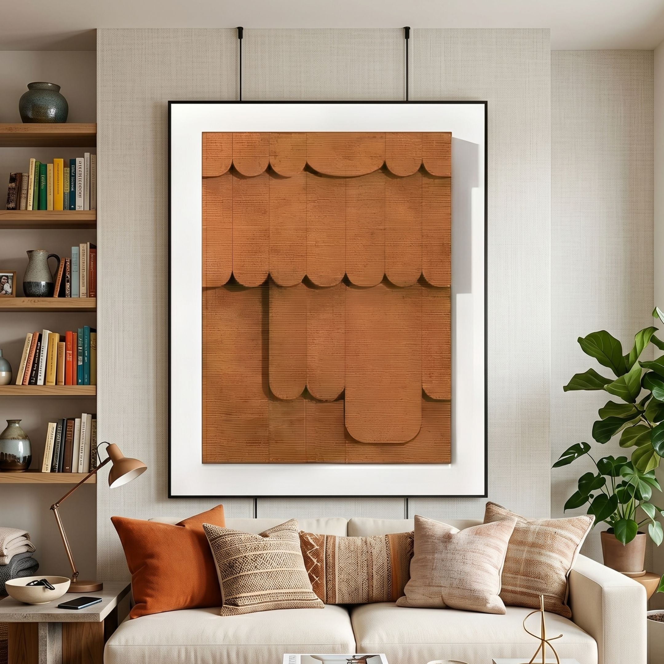 Cascala Terracotta Layered Wood Carving 3D Wall Art by Giant Sculptures framed above a cream sofa with terracotta cushions, bookshelf, and fiddle leaf plant.