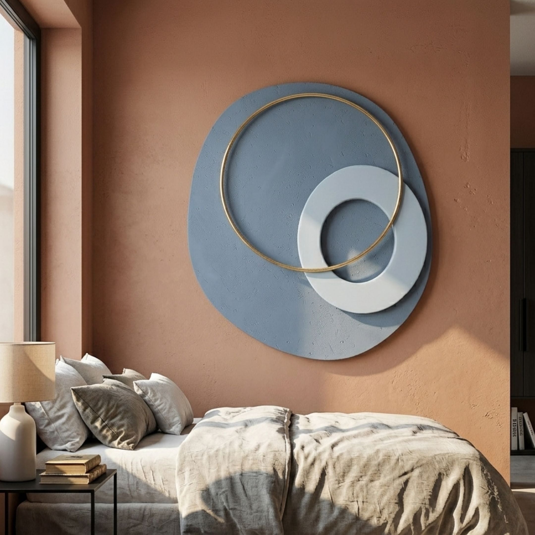 Orbien Slate Blue & Gold Ring Sandstone Mural Wall Art by Giant Sculptures displayed above a bed with linen pillows against a terracotta bedroom wall.