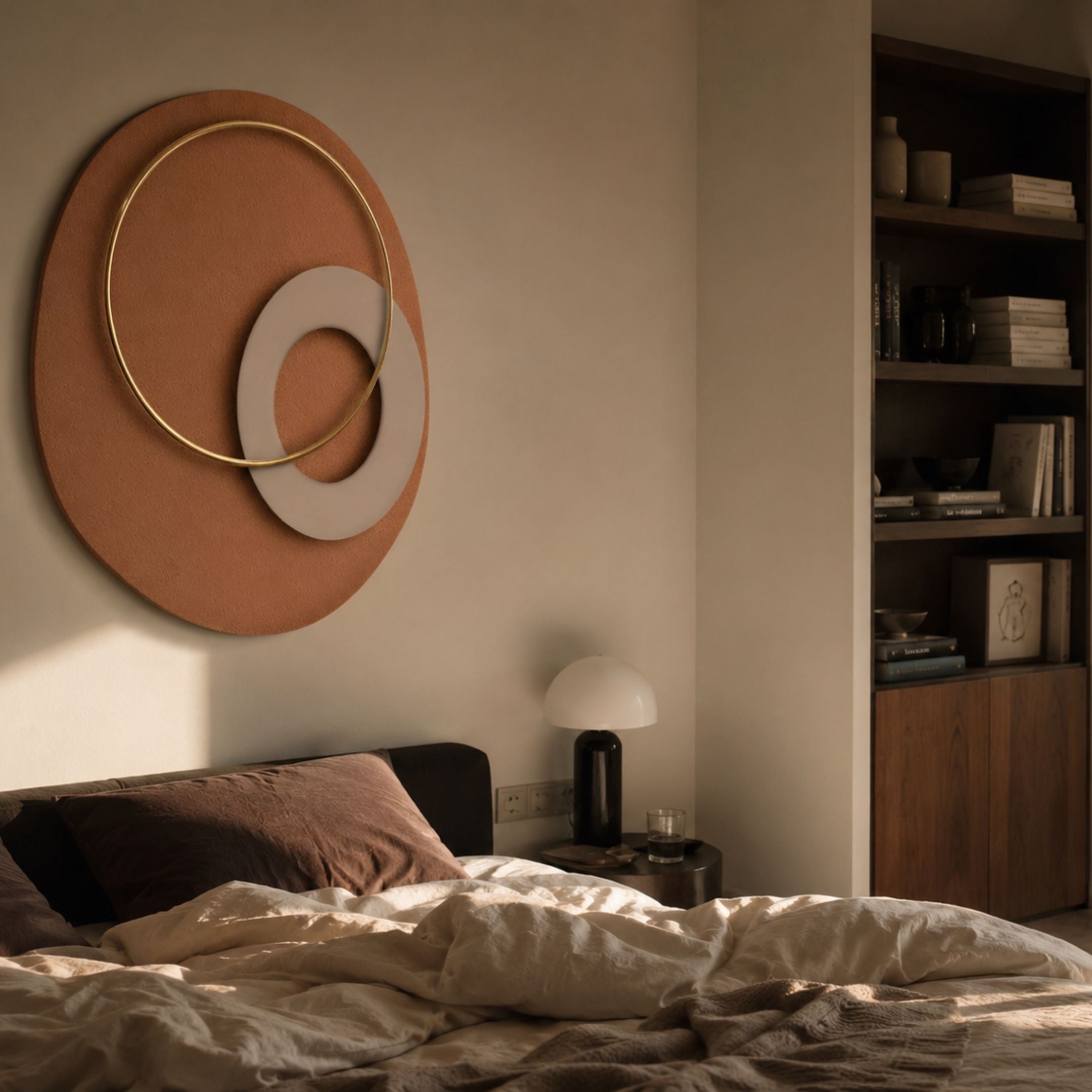 Orbien Terracotta & Gold Ring Sandstone Mural Wall Art mounted above a bed in a warm-toned bedroom with a mushroom lamp and dark wood bookshelf nearby.
