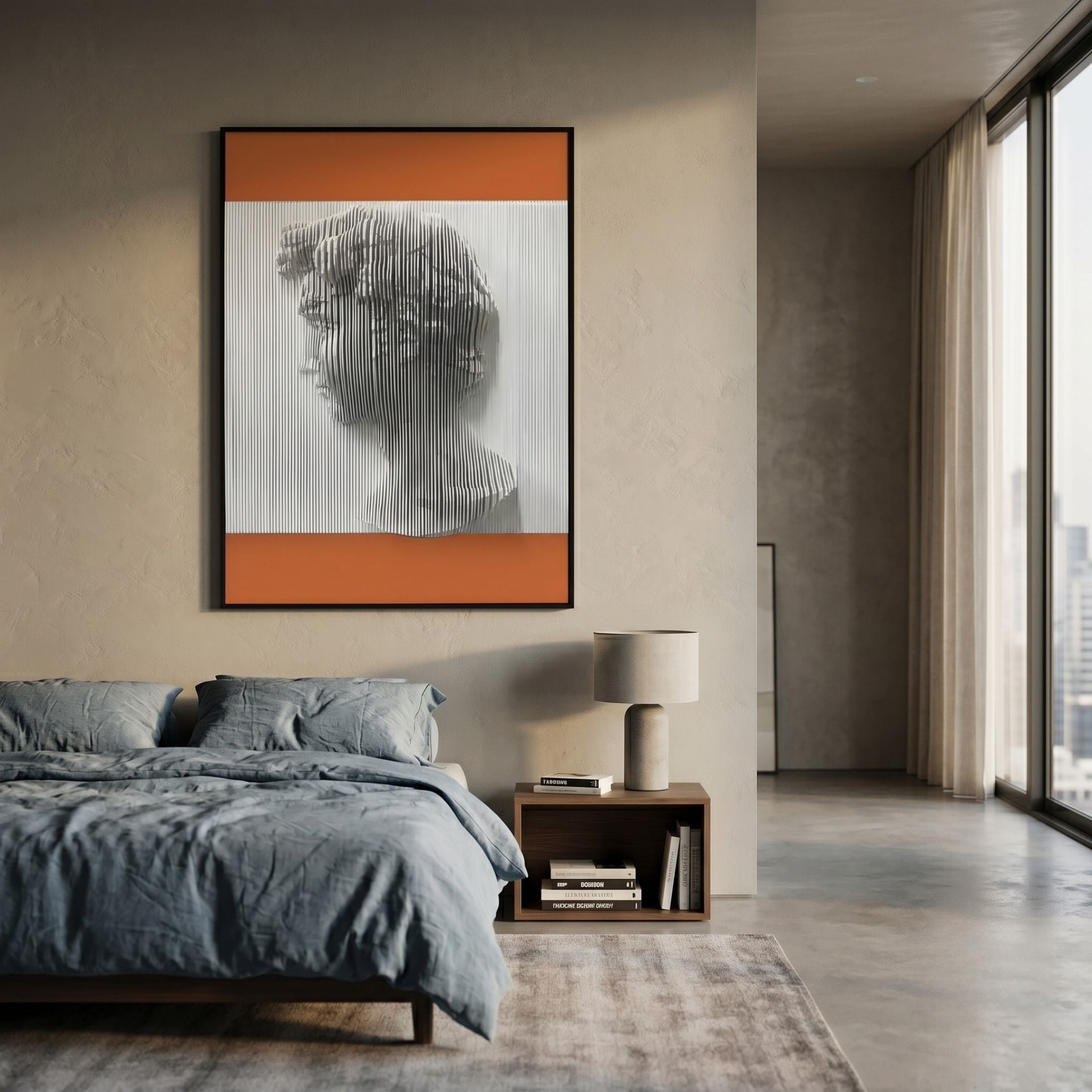 Edge Terracotta David Bust Leather & Acrylic 3D Wall Art by Giant Sculptures displayed above a wood nightstand in a modern bedroom with blue linen bedding.