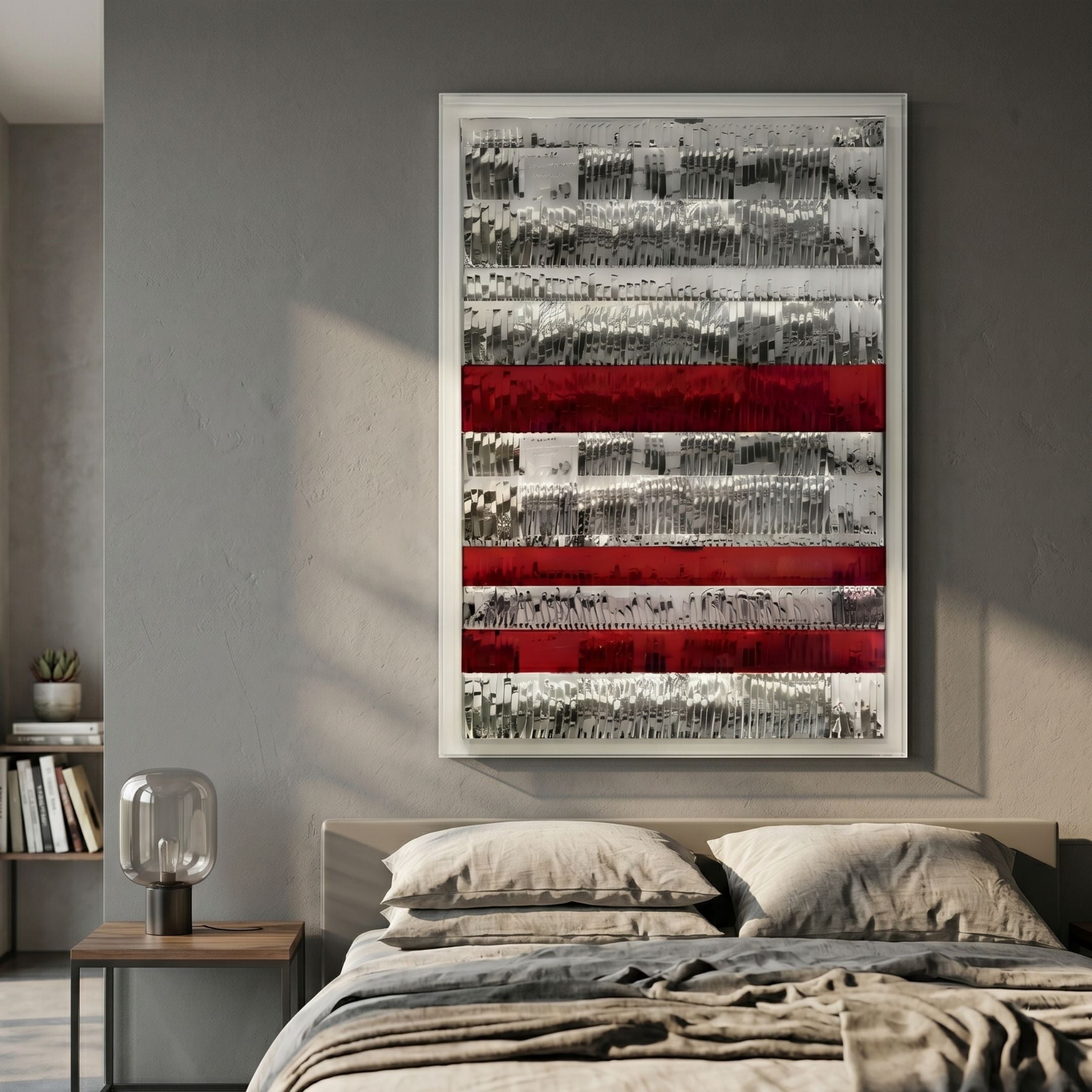 Rhythm Crimson and Silver Layered Stripe Leather 3D Wall Art (Three Crimson Bands)