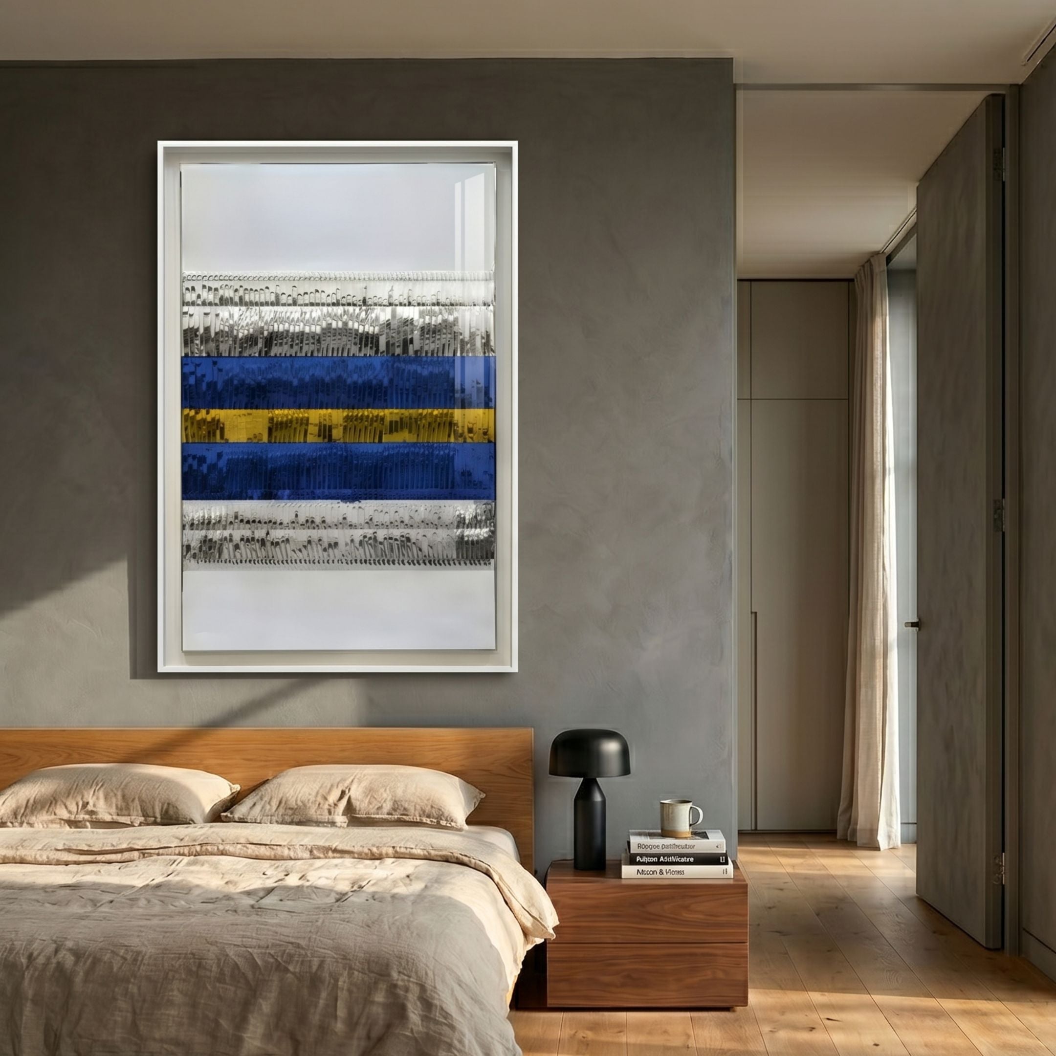 Rhythm Sapphire and Gold Layered Stripe Leather 3D Wall Art by Giant Sculptures displayed in a grey bedroom above a walnut nightstand and oak bed.