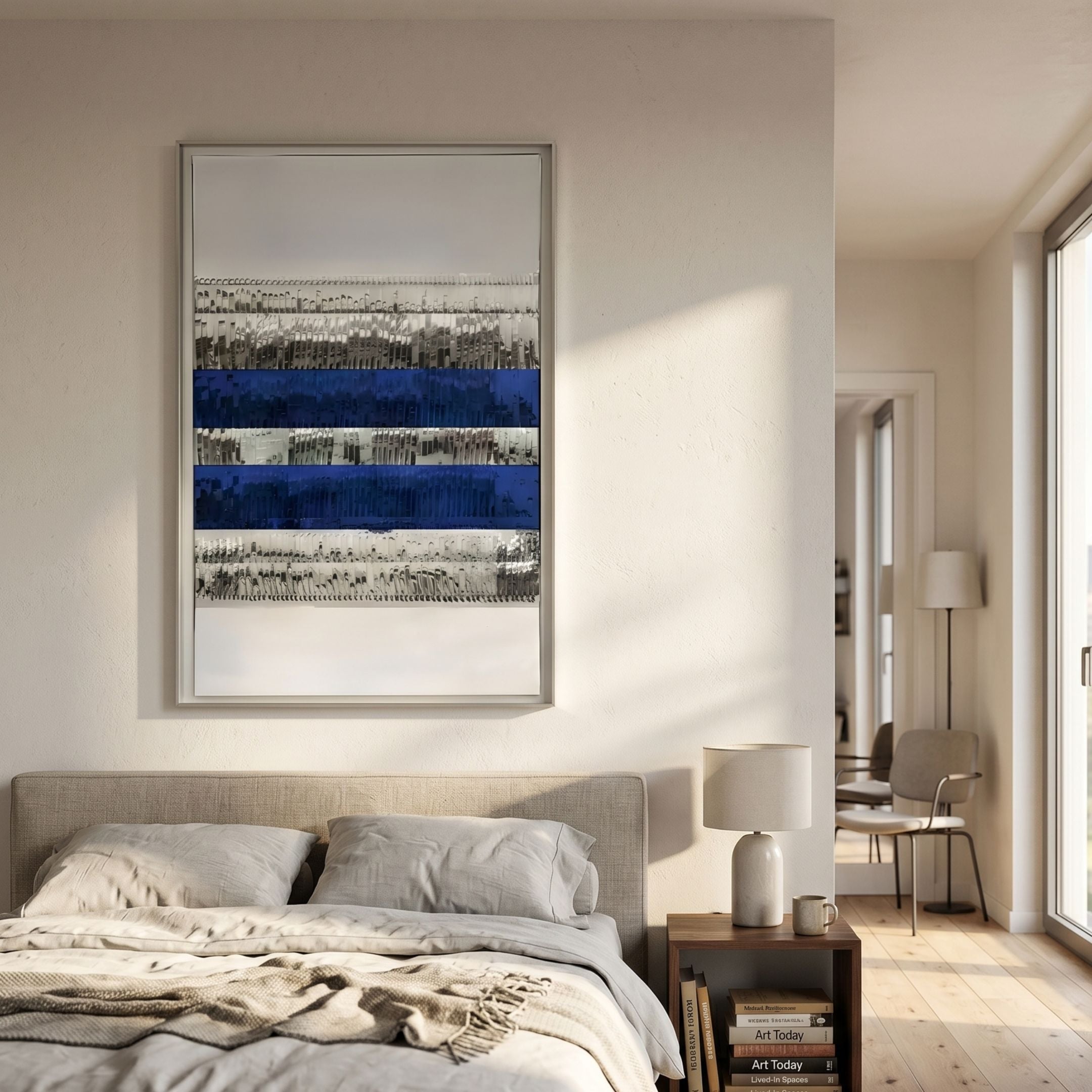Rhythm Sapphire & Silver Layered Stripe Leather 3D Wall Art by Giant Sculptures displayed above a grey upholstered bed in a sunlit neutral bedroom.