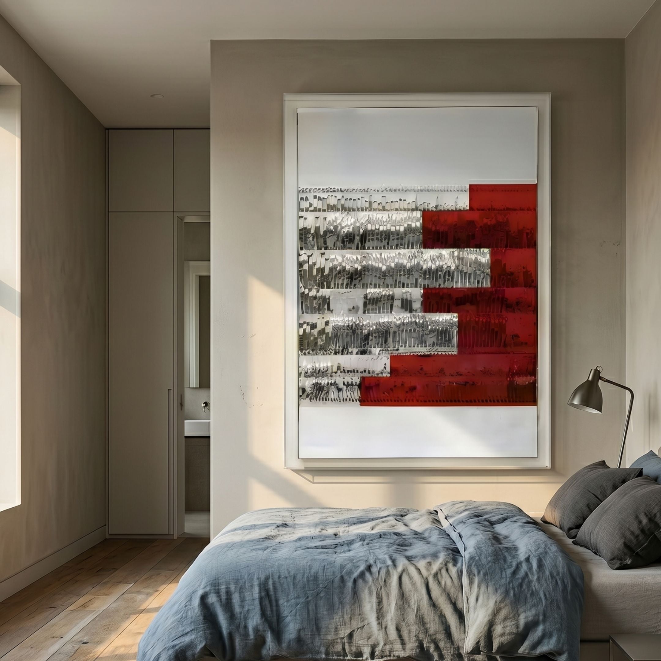 Rhythm Crimson and Silver Layered Stripe Leather 3D Wall Art by Giant Sculptures mounted above a grey linen bed in a minimalist bedroom with oak floors.