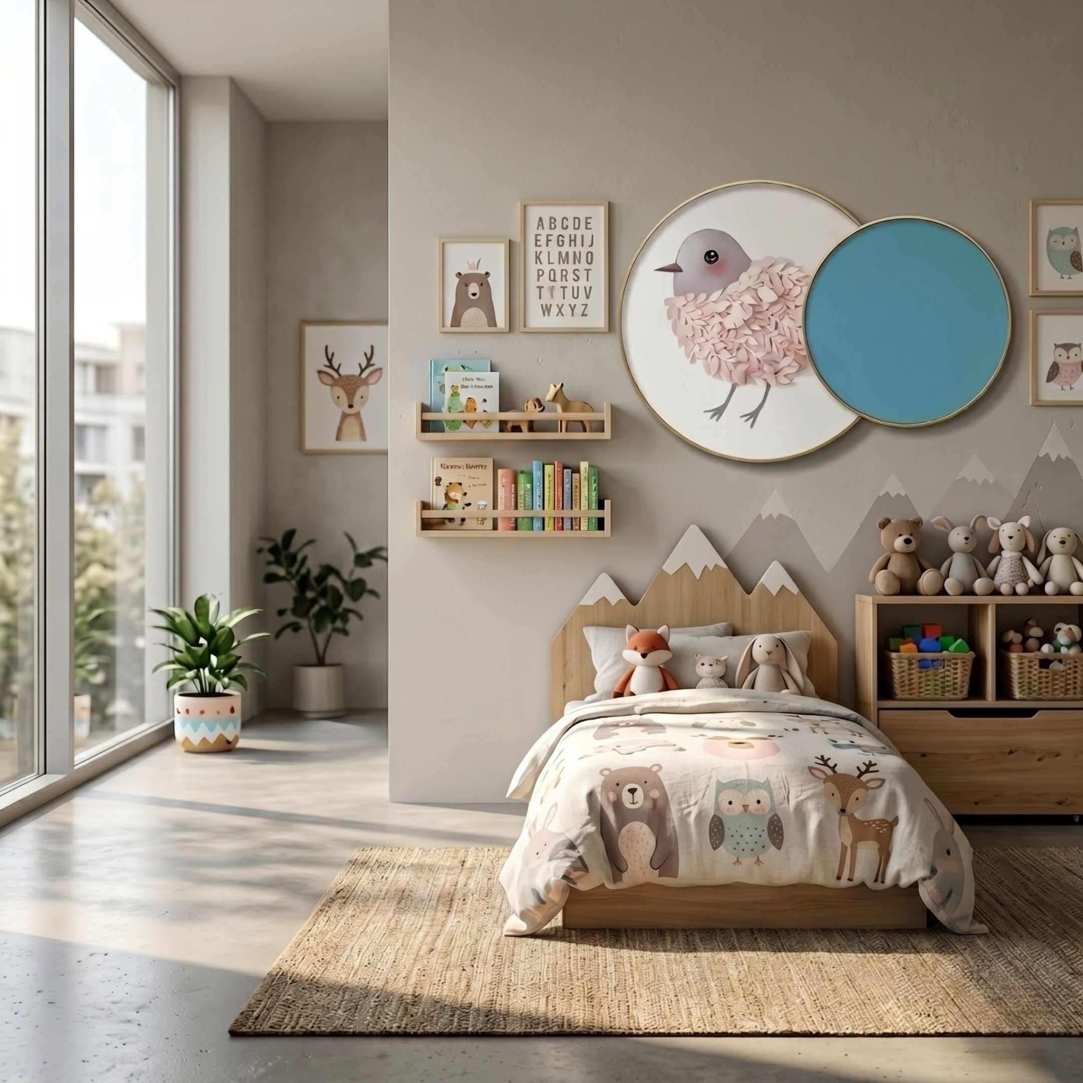 Blossomkin Blue Petal Bird Kids 3D Wall Art by Giant Sculptures displayed in a Nordic-style children's bedroom above a wooden mountain-headboard bed with plush toys.
