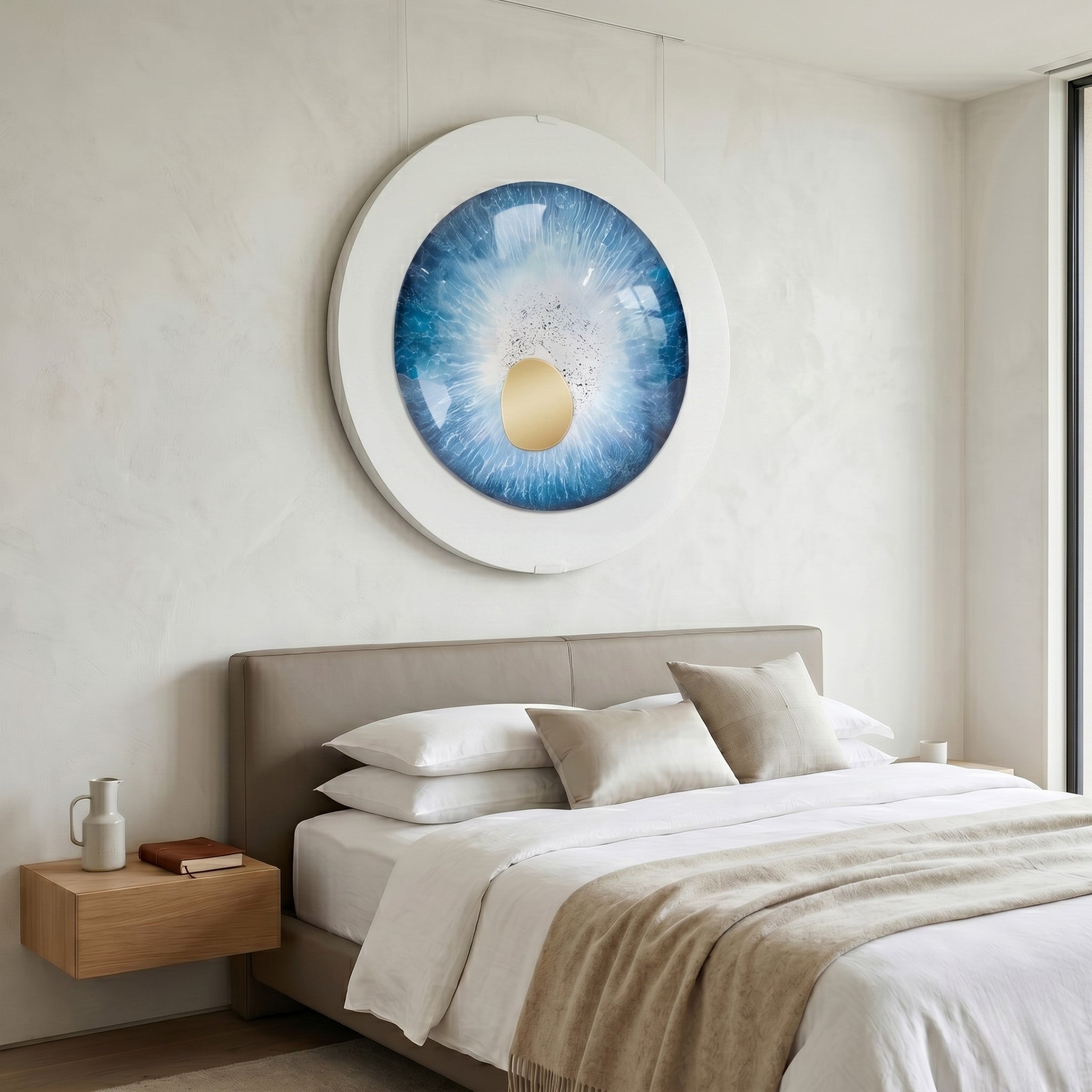 A modern bedroom features a beige bed with neutral bedding and two pillows. Above, Giant Sculptures' Iriselle Ice Blue Crystal Porcelain Round 3D Wall Art hangs. A wooden nightstand with a ceramic vase sits on the left; the space is bright and airy.