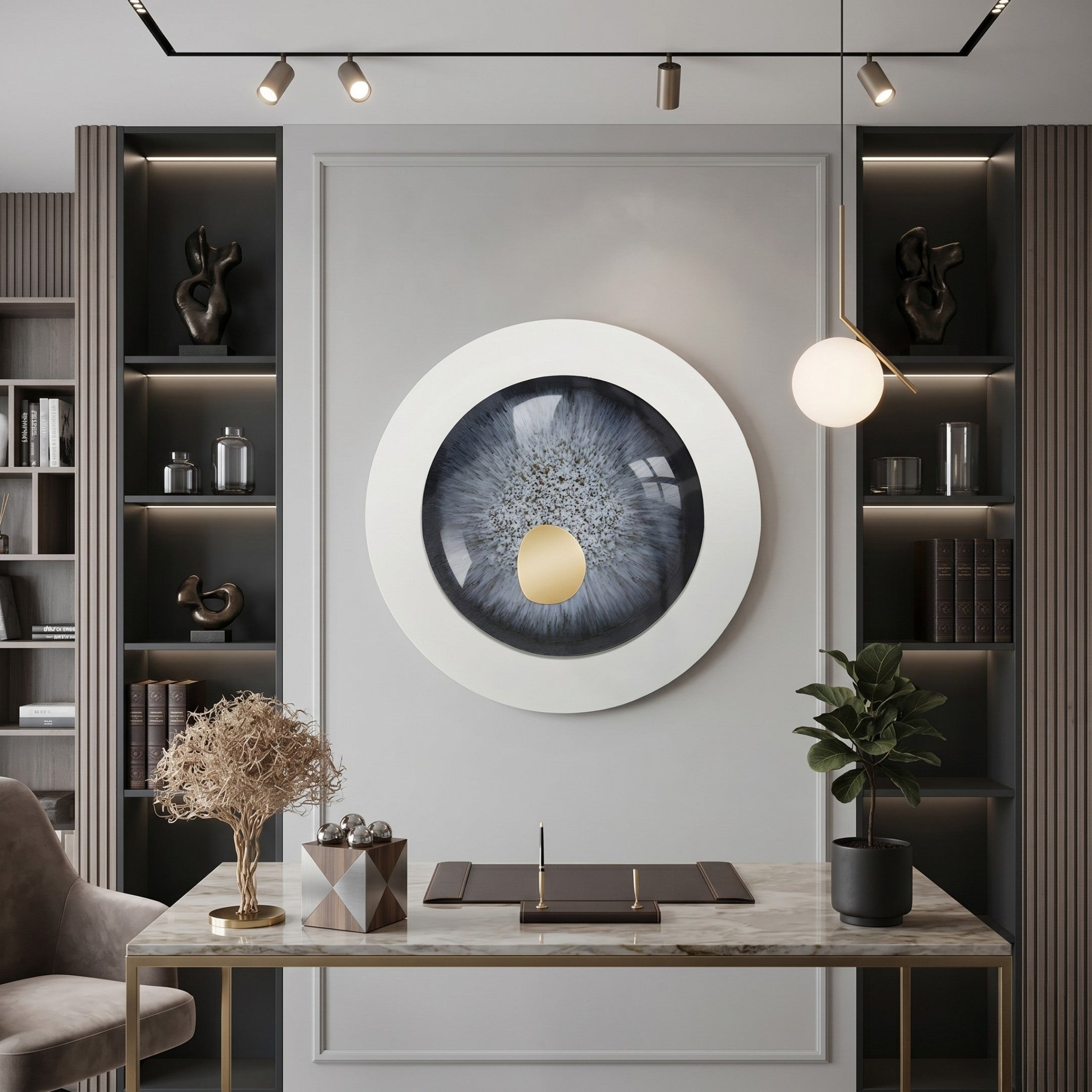 A modern office features a marble desk, chair, plants, and sculptures. The highlight is the Iriselle Frost Grey Crystal Porcelain Round 3D Wall Art by Giant Sculptures, resembling an eye on a gray paneled wall, with warm lighting enhancing the elegant decor.