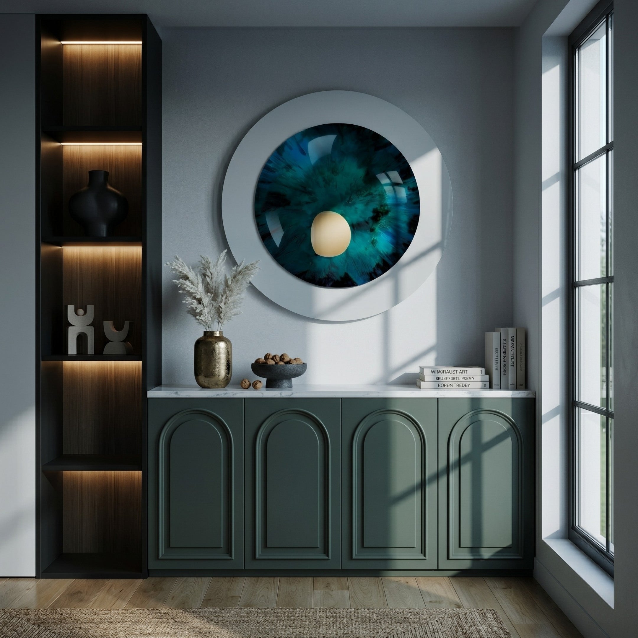 A modern interior featuring a green cabinet, Iriselle Emerald Crystal Porcelain Round 3D Wall Art by Giant Sculptures, decorative vases, books, pampas grass, open shelves with soft lighting, and a large window bringing in natural light.