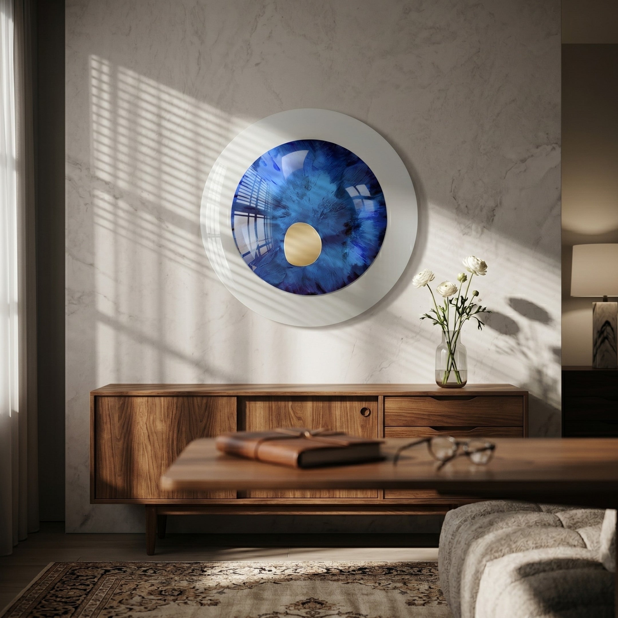 A modern living room with a wooden sideboard, glass vase of white flowers, table with books, and striking Iriselle Midnight Blue Crystal Porcelain Round 3D Wall Art by Giant Sculptures on a marble wall lit by sunlight through blinds.