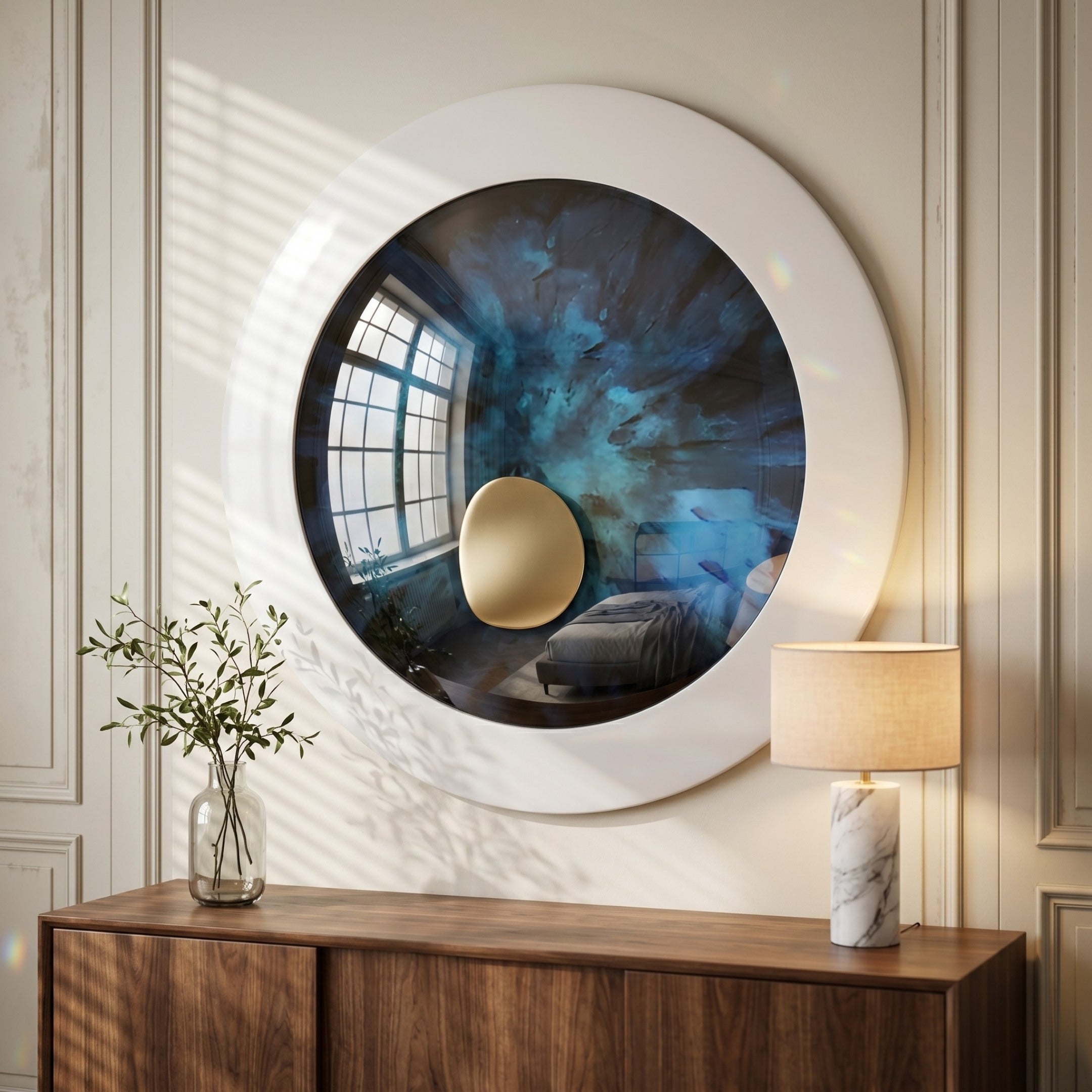 The Iriselle Deep Teal Crystal Porcelain Round 3D Wall Art by Giant Sculptures, featuring an abstract blue design and central gold accent, hangs above a wooden sideboard adorned with a marble lamp and leafy plant as sunlight casts shadows on the cream wall.
