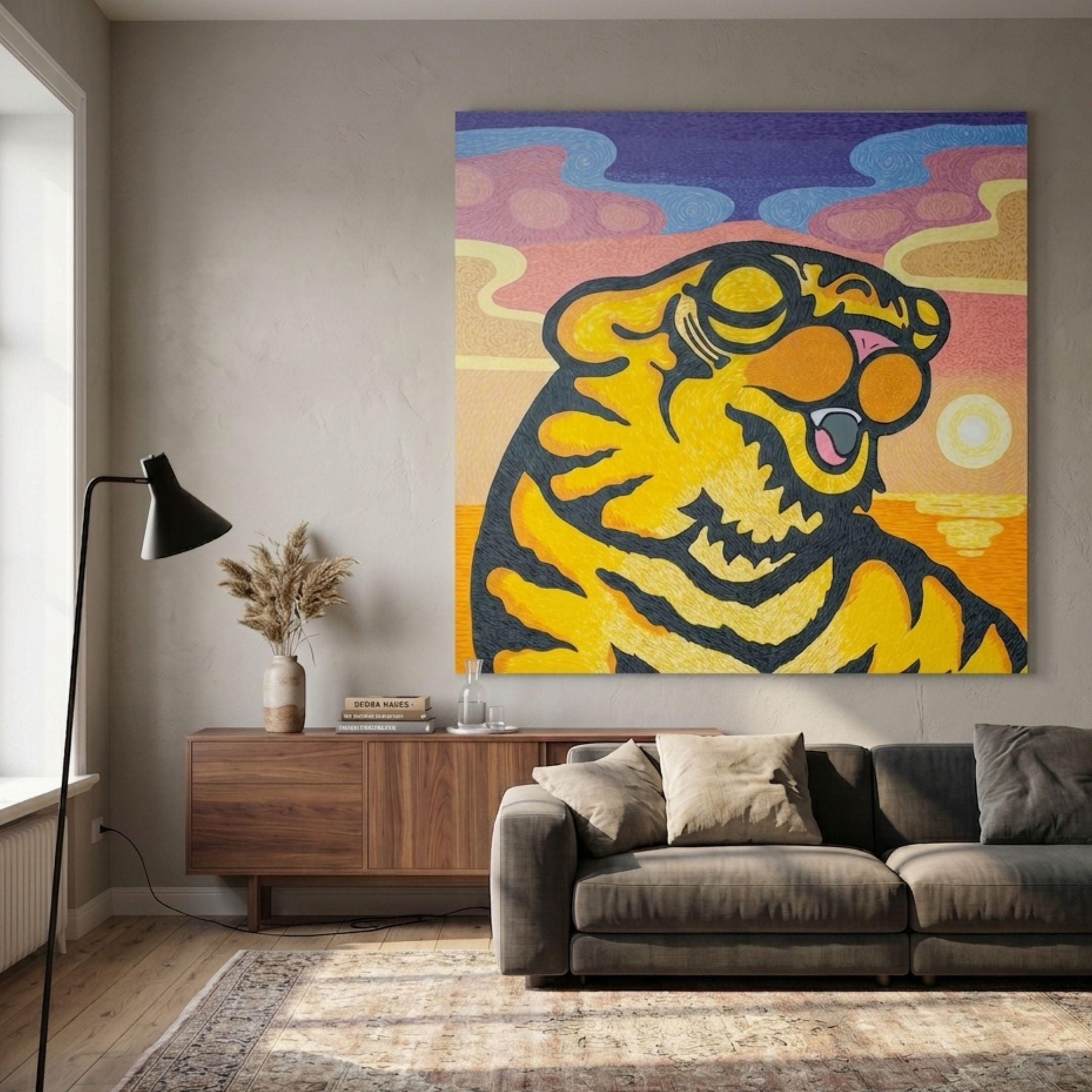 Van Gogh Tiger Pop Art Canvas Painting by Giant Sculptures displayed in a living room above a walnut sideboard and grey sofa, featuring a stylised yellow and black tiger against a swirling sunset sky.