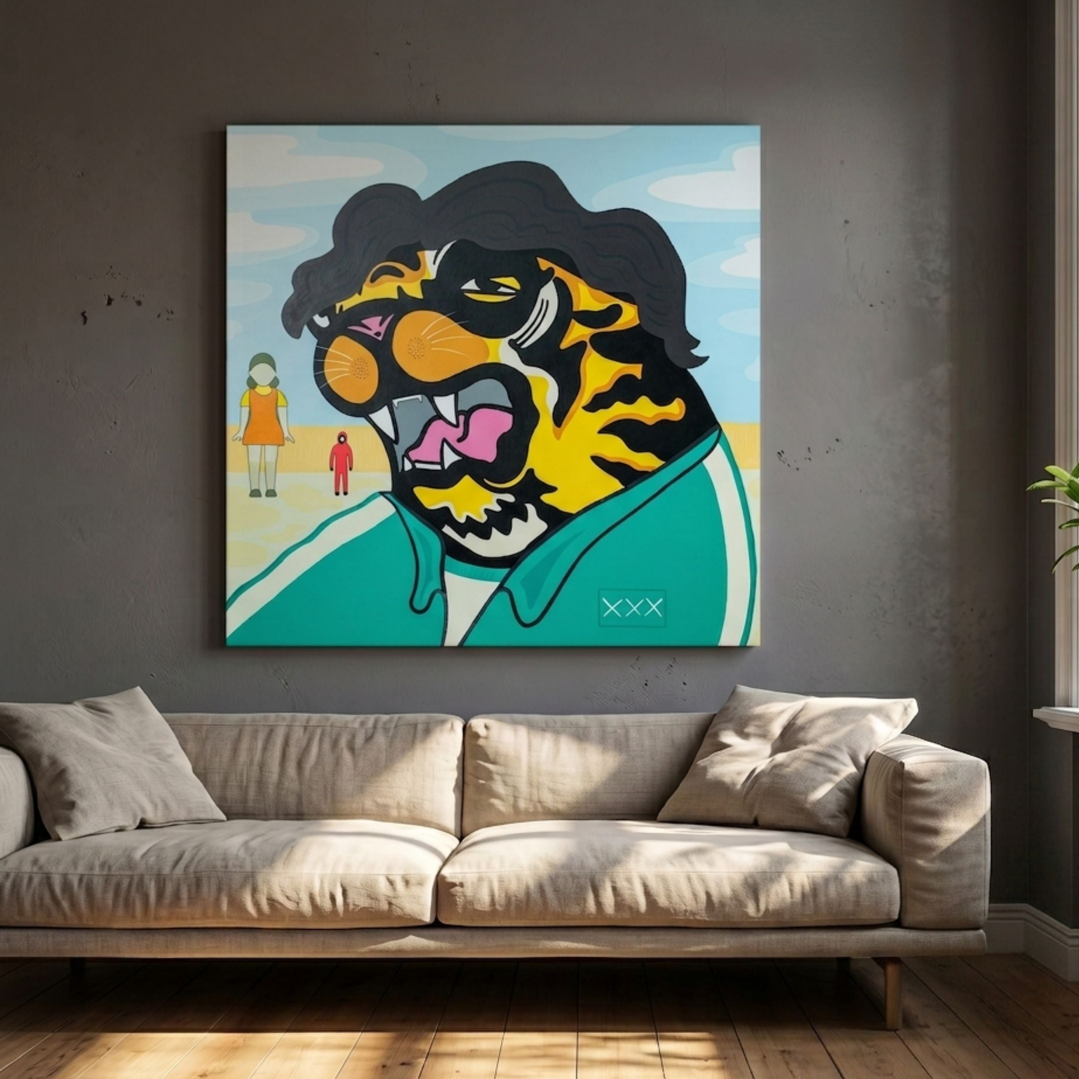 Squid Game Tiger Pop Art Canvas Painting by Giant Sculptures displayed above a beige sofa in a grey-walled living room, showing the tiger figure in turquoise.