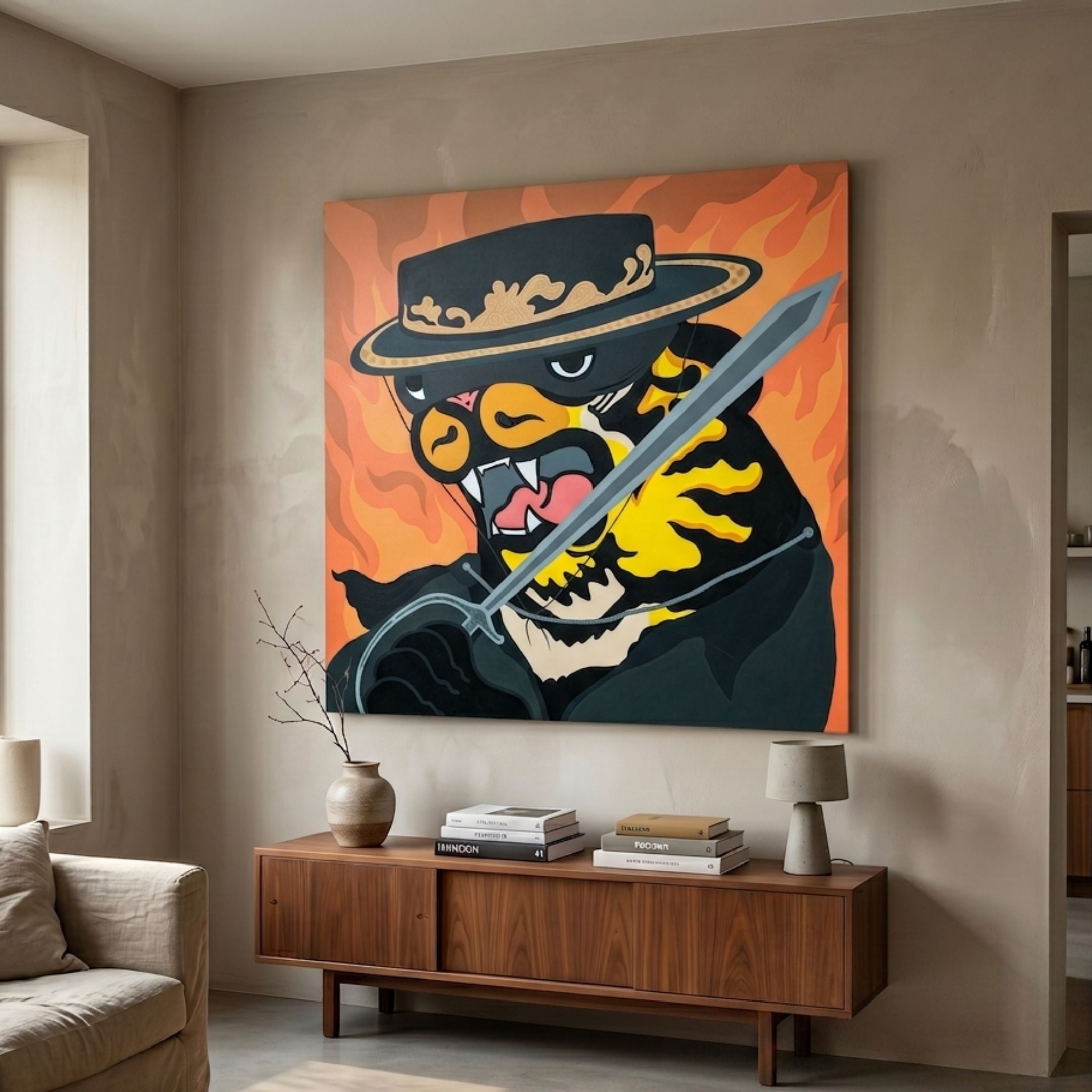 Zorro Tiger Pop Art Canvas Painting by Giant Sculptures, displayed above a mid-century wooden sideboard with books, vase, and lamp in a neutral living room.
