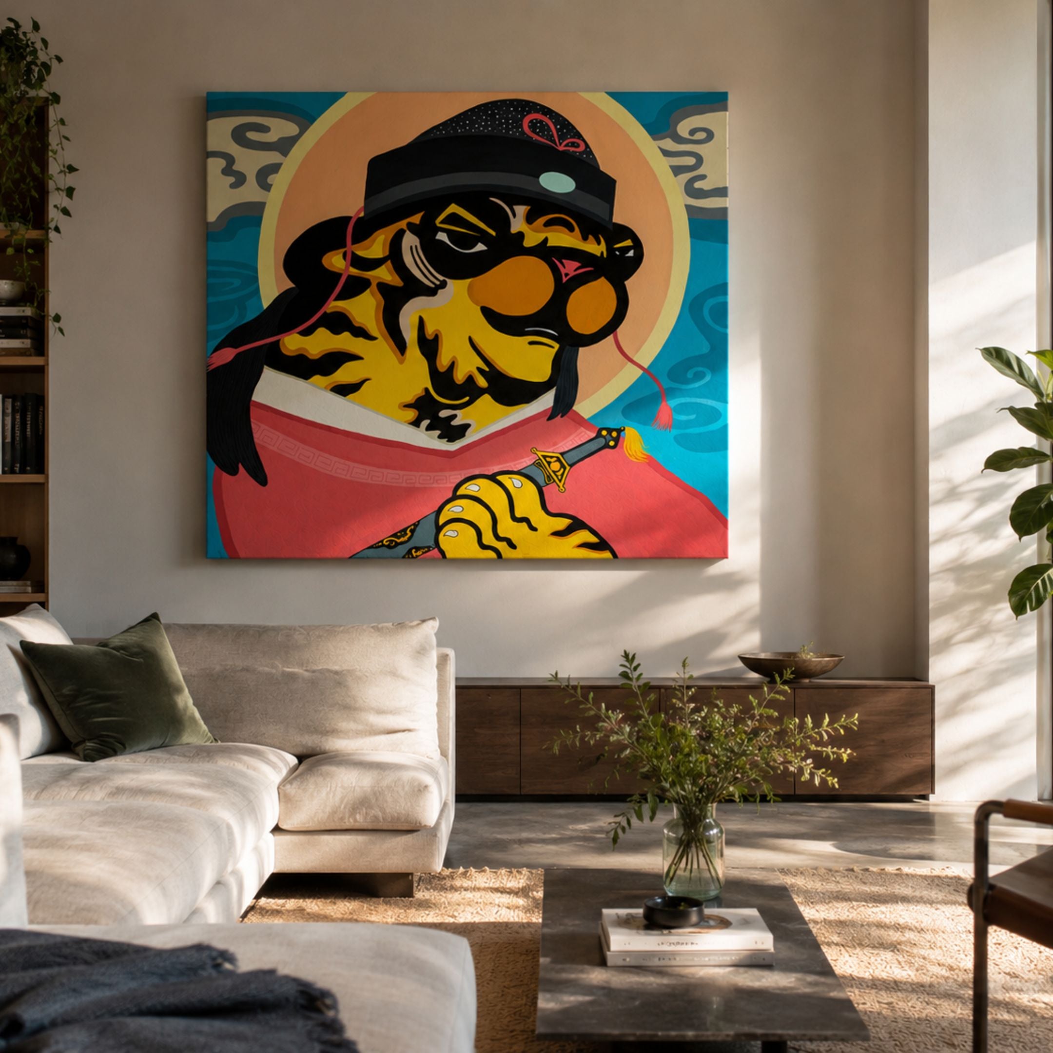 Jun Jaow Tiger Pop Art Canvas Painting by Giant Sculptures, showing a tiger in red robes and sunglasses holding a sword, displayed above a sofa in a sunlit living room.
