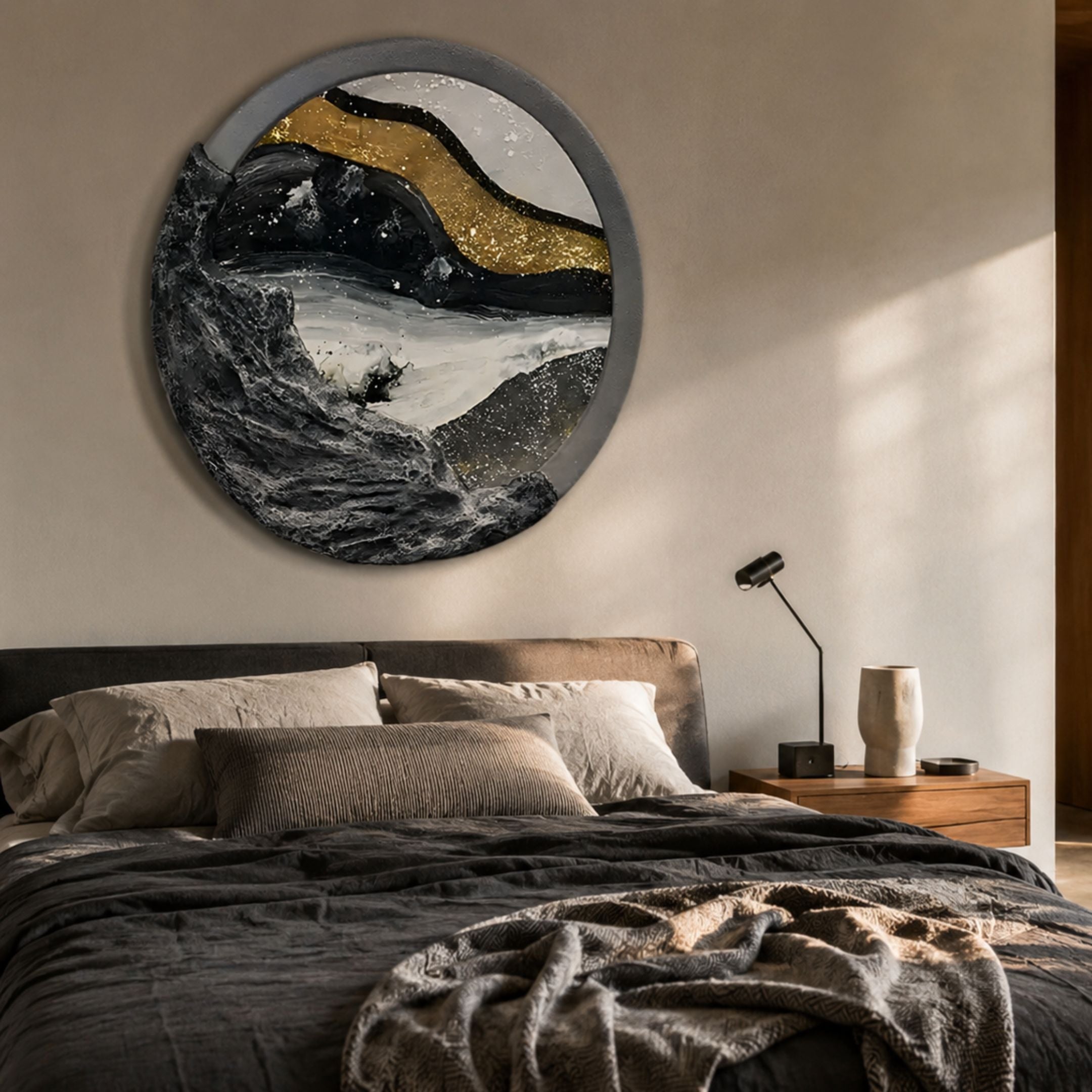 Auroria Rustic Horizon Hand-Painted Wood Relief 3D Wall Art by Giant Sculptures, circular black, gold, and white landscape piece above a bed with grey linens.