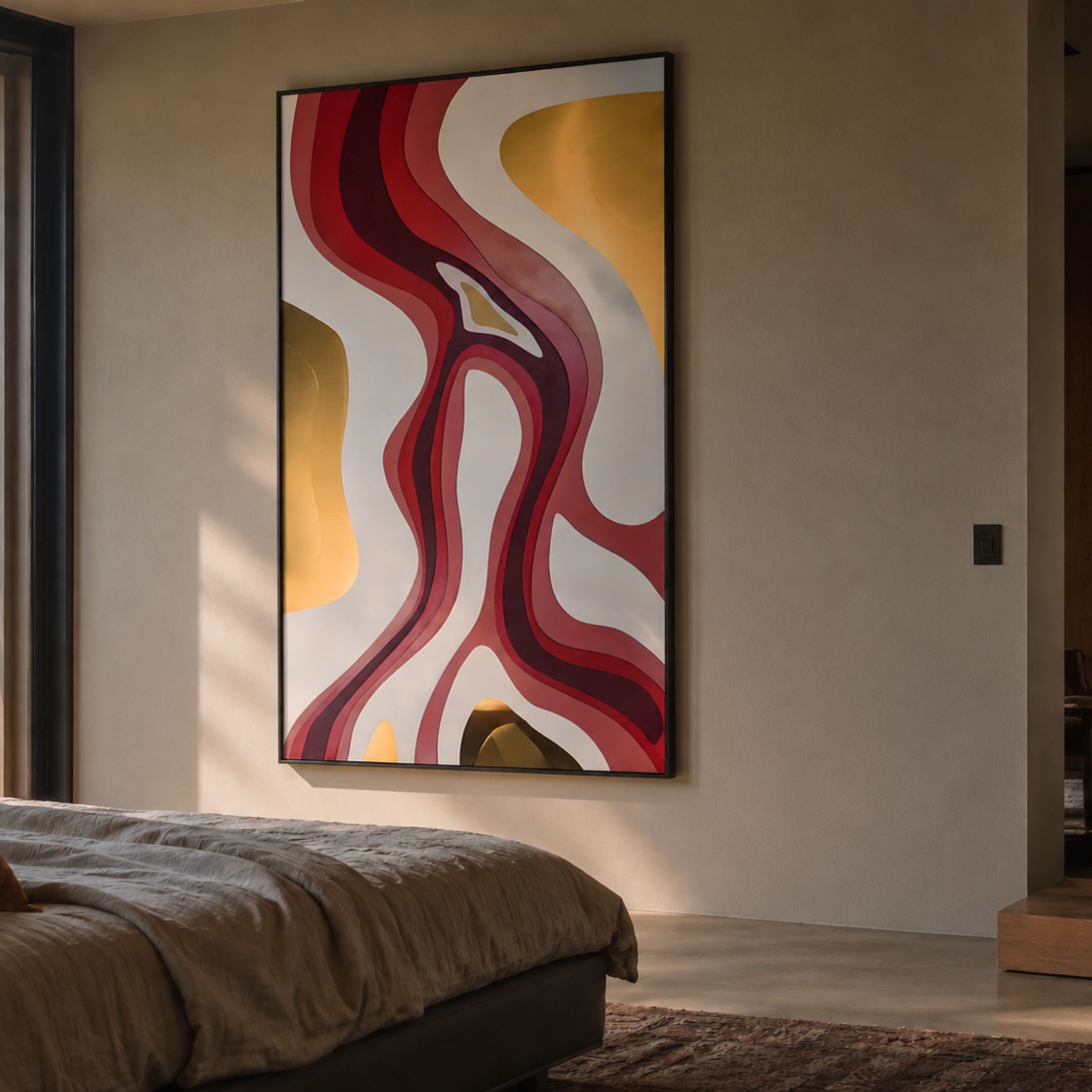 Marea Organic Flow Crimson & Gold Wood Relief 3D Wall Art by Giant Sculptures displayed on a warm beige bedroom wall above a linen-dressed bed.