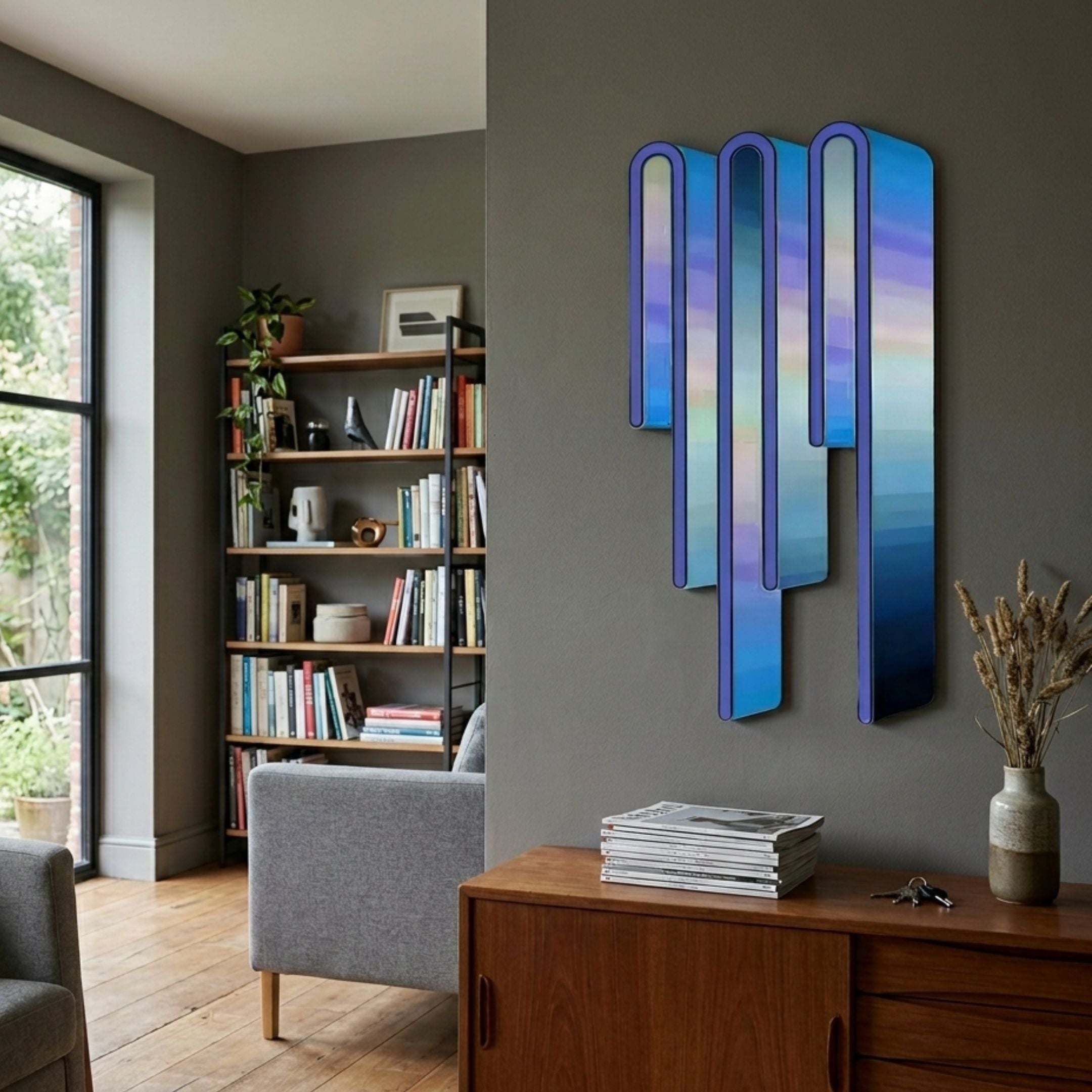 Opaline Twilight Azure Gradient Wood Relief 3D Wall Art by Giant Sculptures, blue-to-purple rounded columns mounted above a teak sideboard in a modern living room.