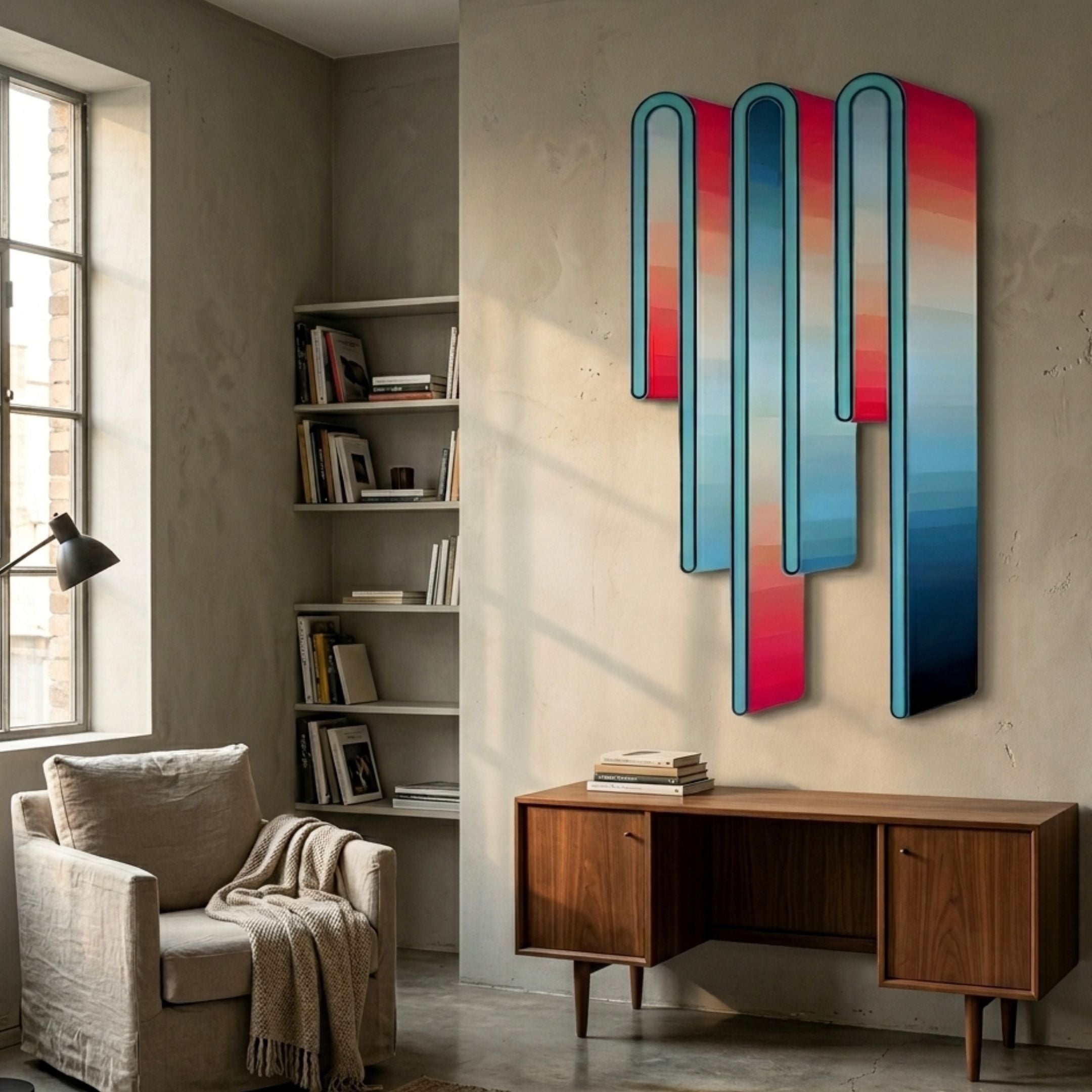 Opaline Coral Teal Gradient Wood Relief 3D Wall Art by Giant Sculptures displayed above a mid-century wooden sideboard in a sunlit reading nook.