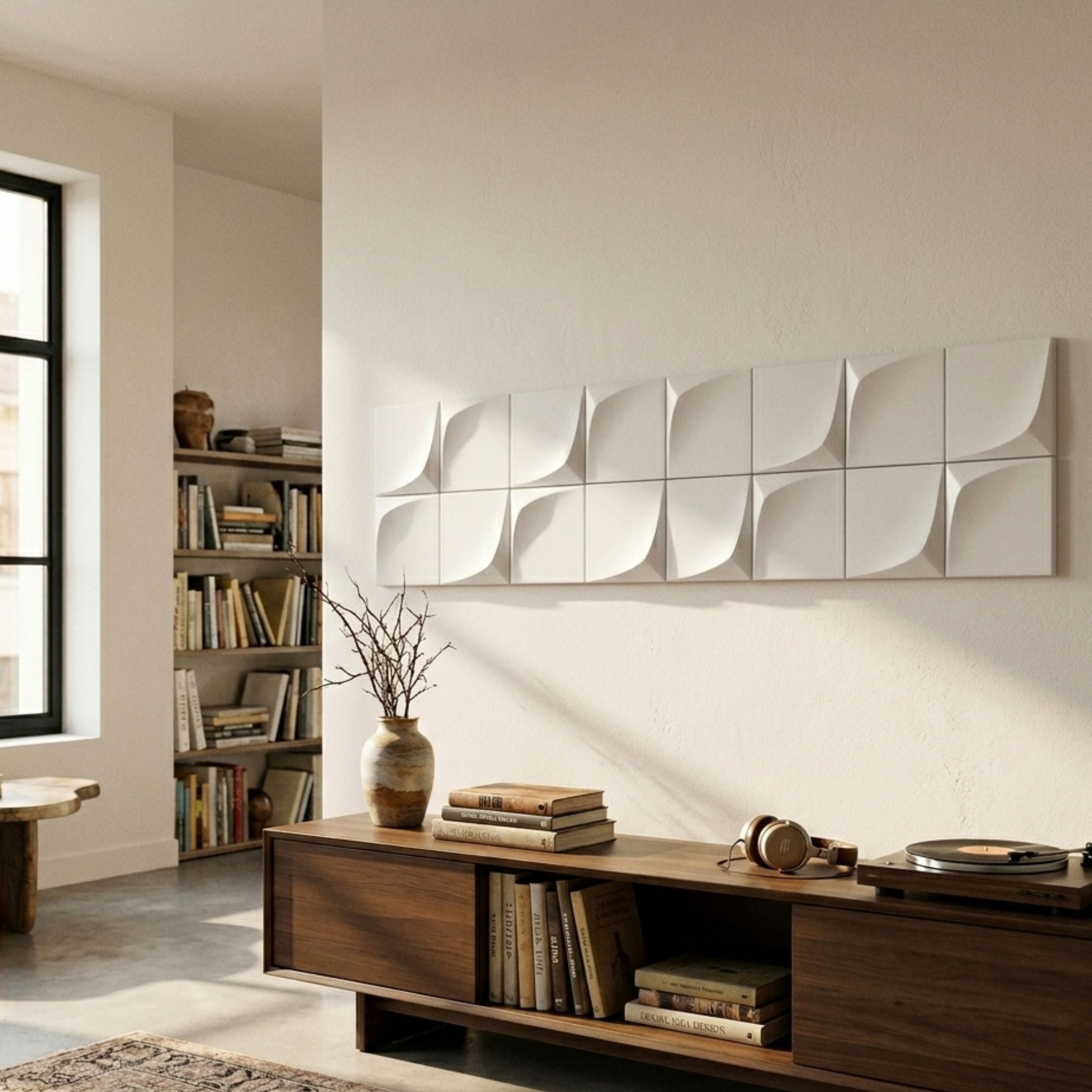 Averra White Linear Wood Relief 3D Wall Art by Giant Sculptures mounted above a walnut media console with vase and headphones in a sunlit living room.