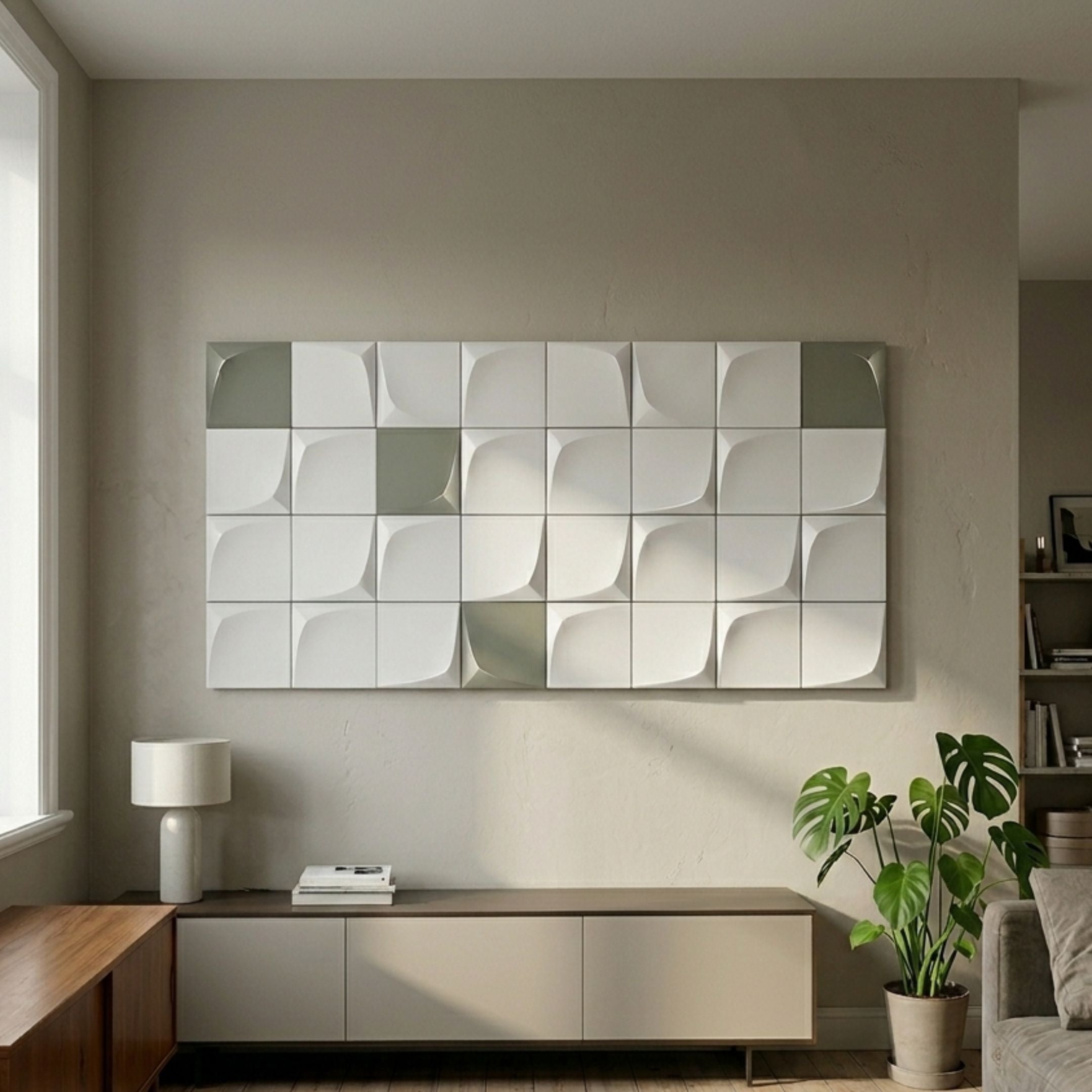 Averra White & Sage Grid Block Wood Relief 3D Wall Art by Giant Sculptures mounted above a low cabinet with lamp, books, and monstera plant in a modern living room.