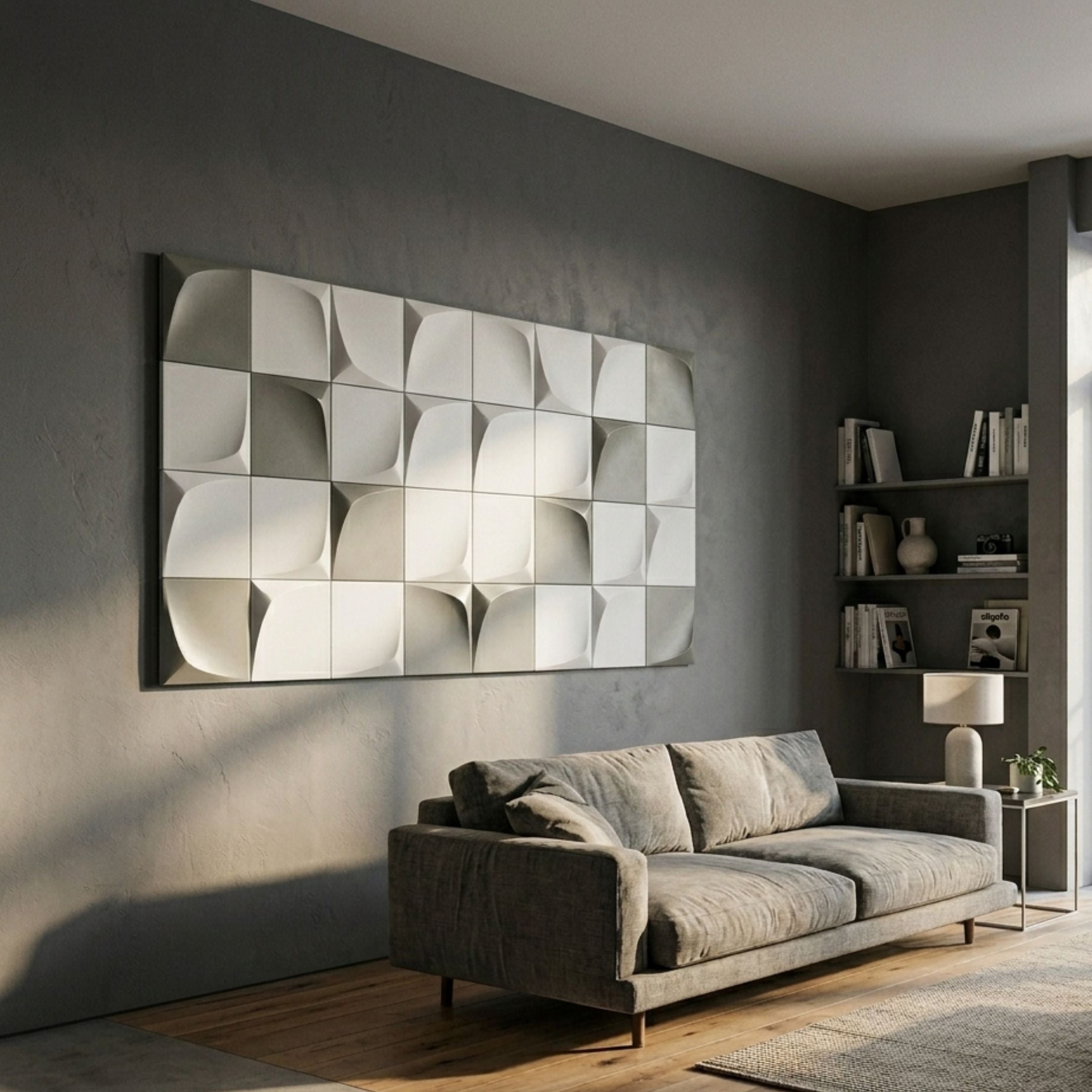 Averra White & Sage Geometric Wood Relief 3D Wall Art by Giant Sculptures mounted above a grey sofa in a modern living room with corner bookshelves.