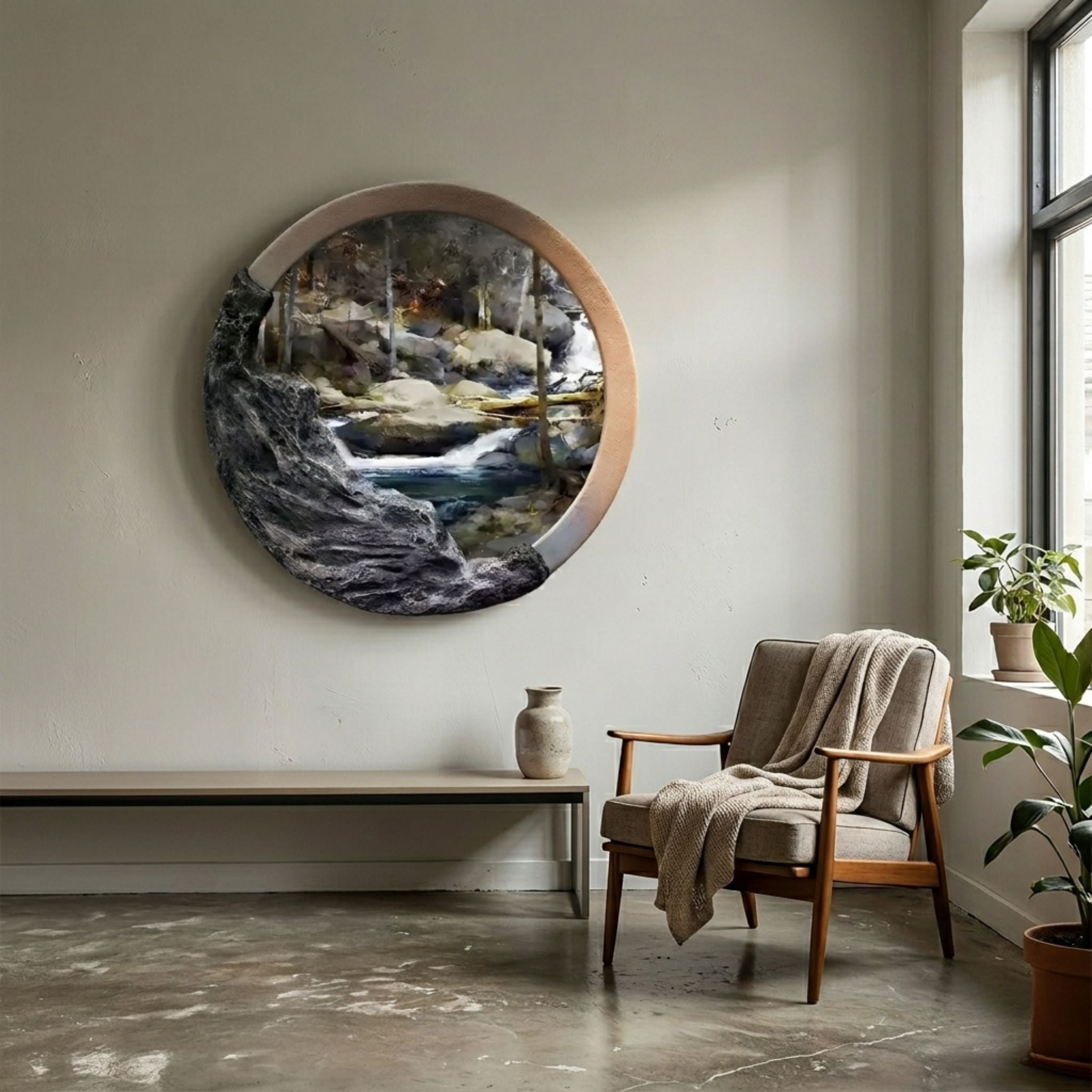Sylvara Forest Stream round wood relief wall art with sculpted rocks and stream in black and grey, mounted above a bench and armchair by a sunlit window.
