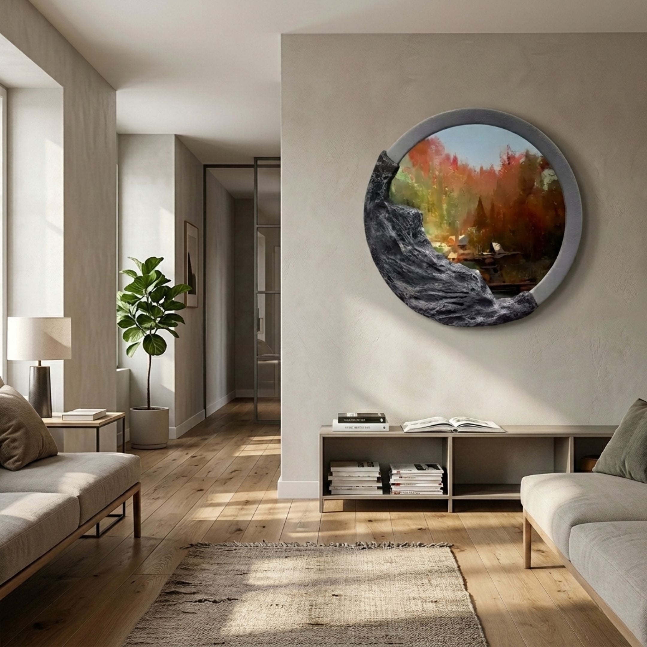 Sylvara Autumn Woods Hand-Painted Wood Relief 3D Wall Art by Giant Sculptures, circular rocky-framed autumn landscape mounted above a console in a neutral living room.
