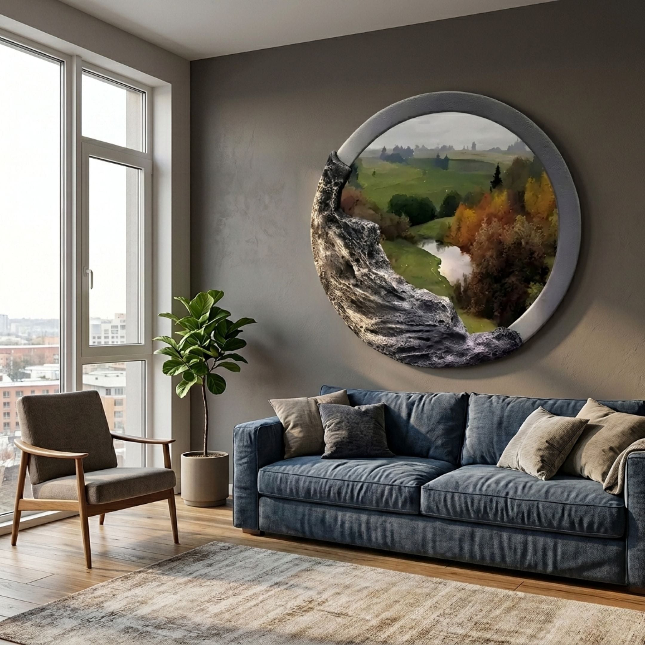 Sylvara Meadow Vista Hand-Painted Wood Relief 3D Wall Art mounted above a blue sofa in a modern living room with a grey wall, armchair, and fiddle-leaf fig.