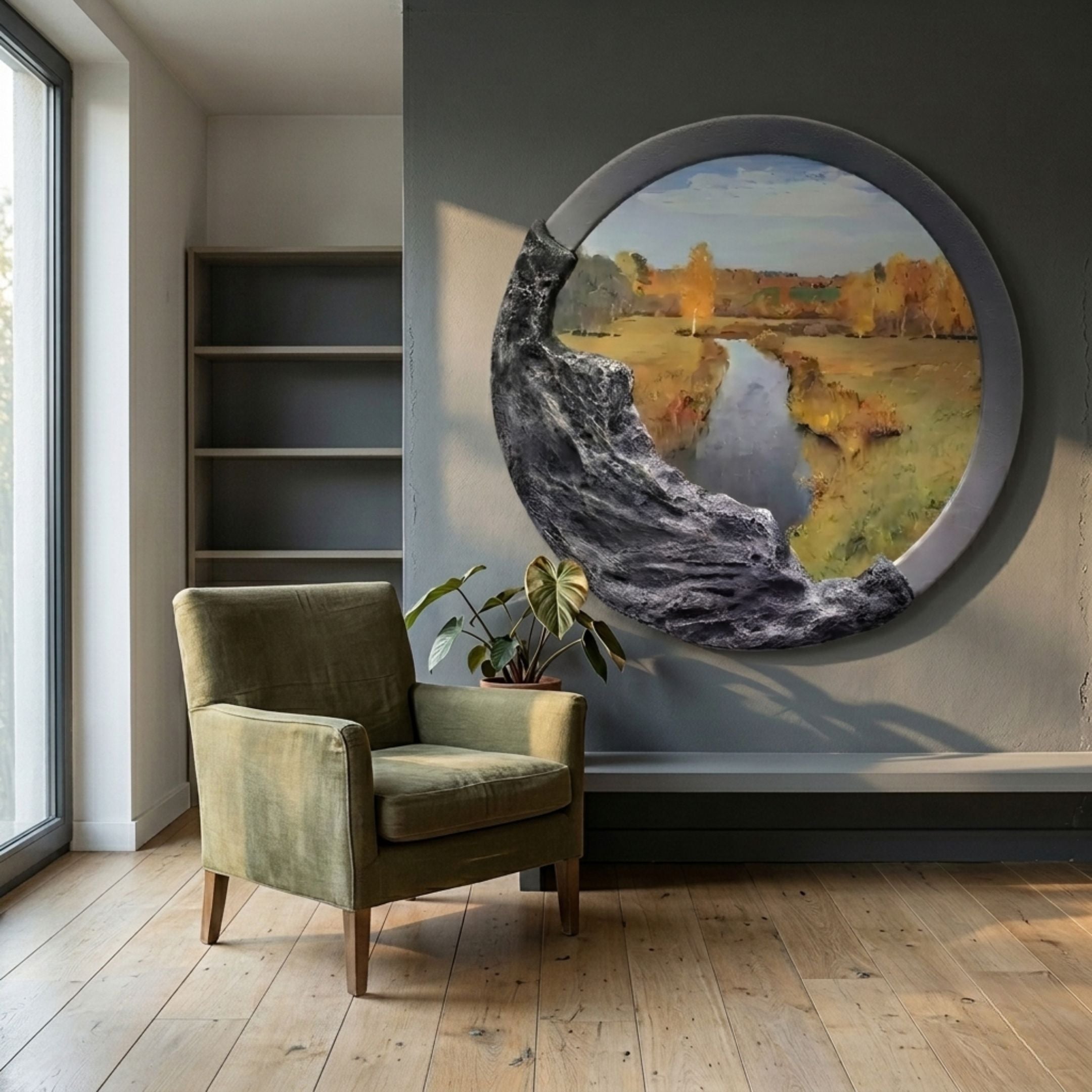 Sylvara Golden River wood relief wall art mounted on a grey wall above a green velvet armchair and potted plant in a sunlit modern room.