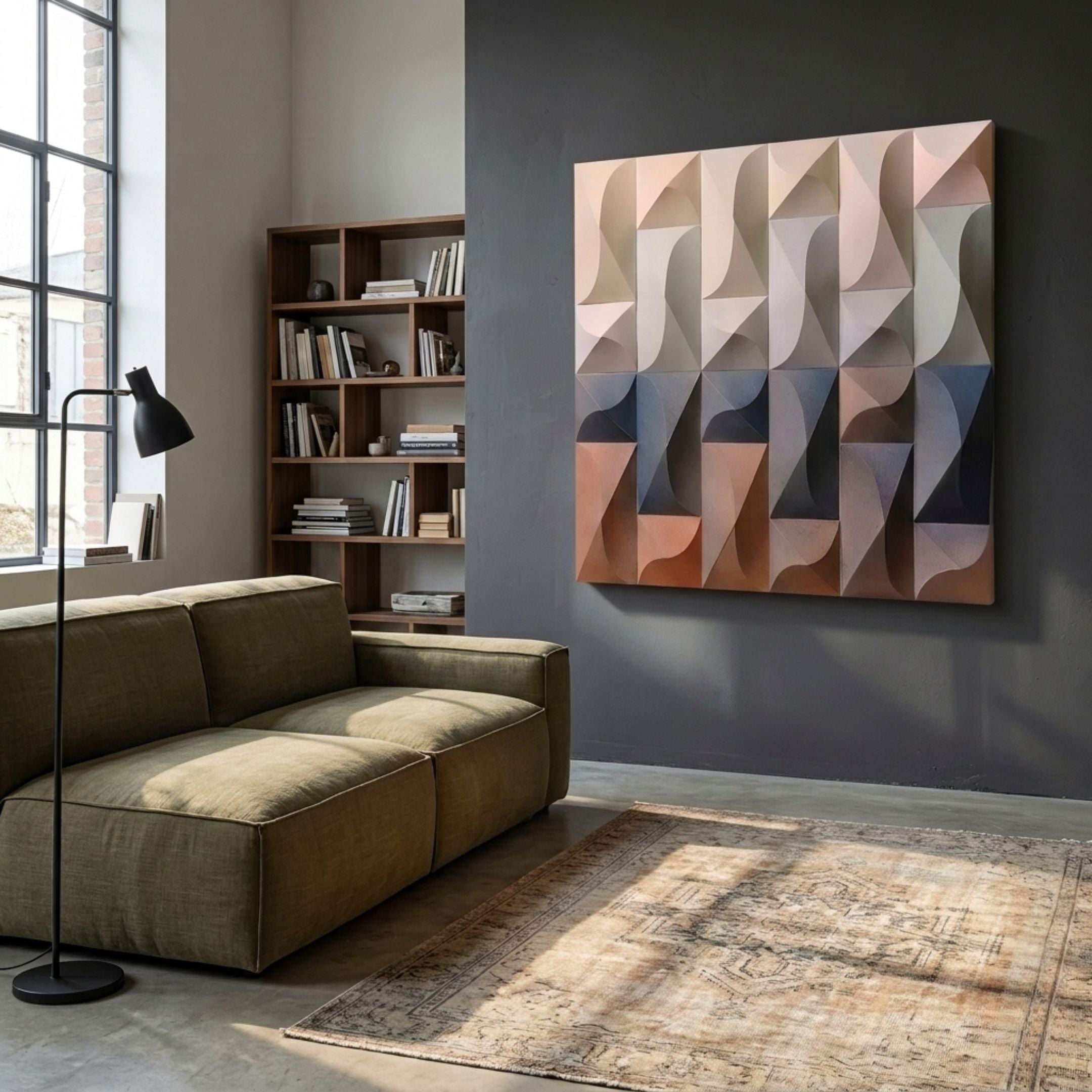 Elysia Geometric Warm Gradient Wood Relief 3D Wall Art by Giant Sculptures displayed on a dark grey wall above an olive sofa, bookshelf, and patterned rug.