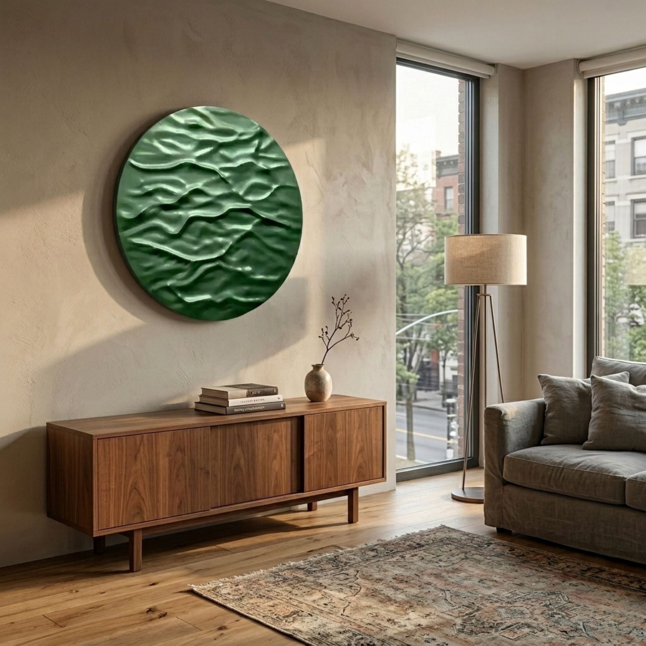Orenda Ripple Wave Green Wood Relief 3D Wall Art mounted above a walnut sideboard in a sunlit living room with a grey sofa and floor lamp.