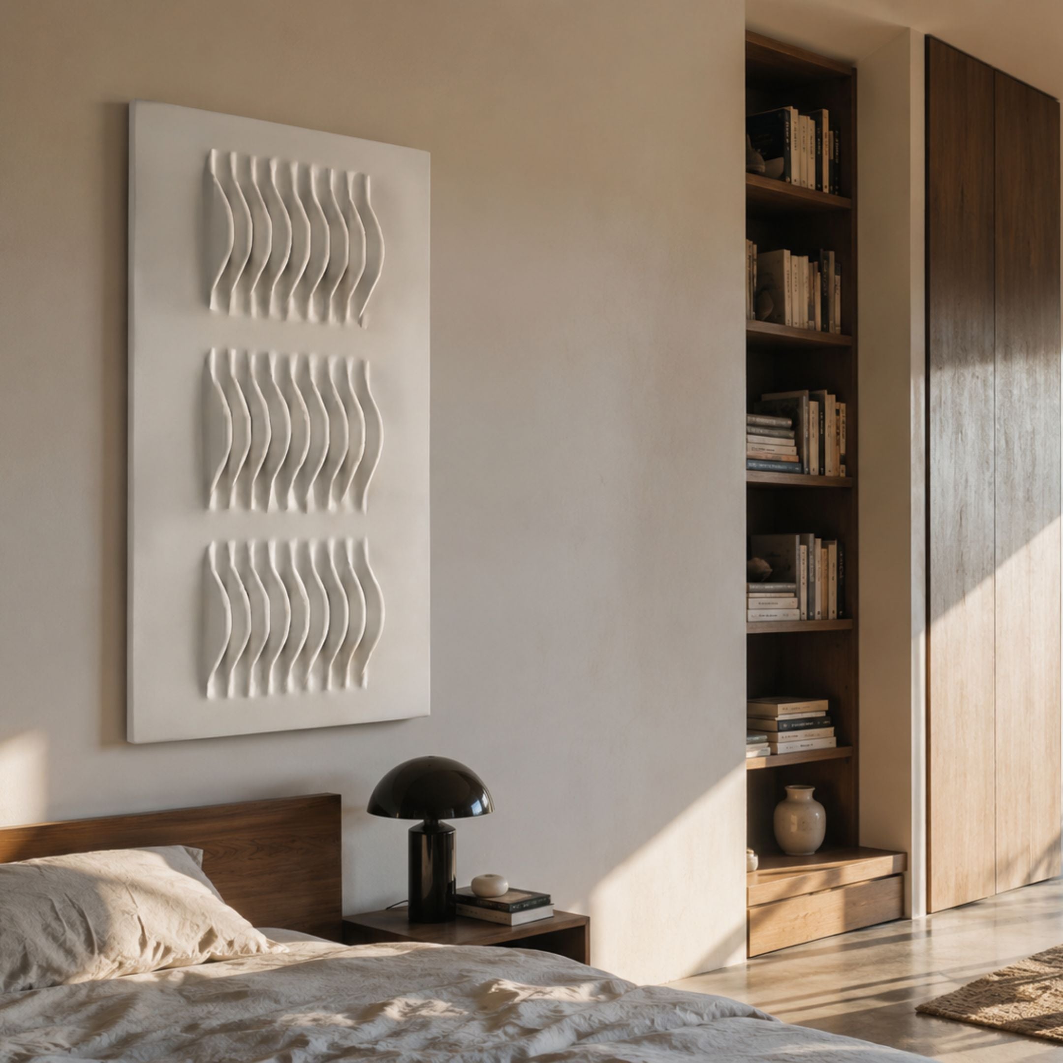 Ondara Wave White Vertical Wood Relief 3D Wall Art mounted above a walnut bed in a sunlit bedroom with a dome lamp and bookshelf nearby.