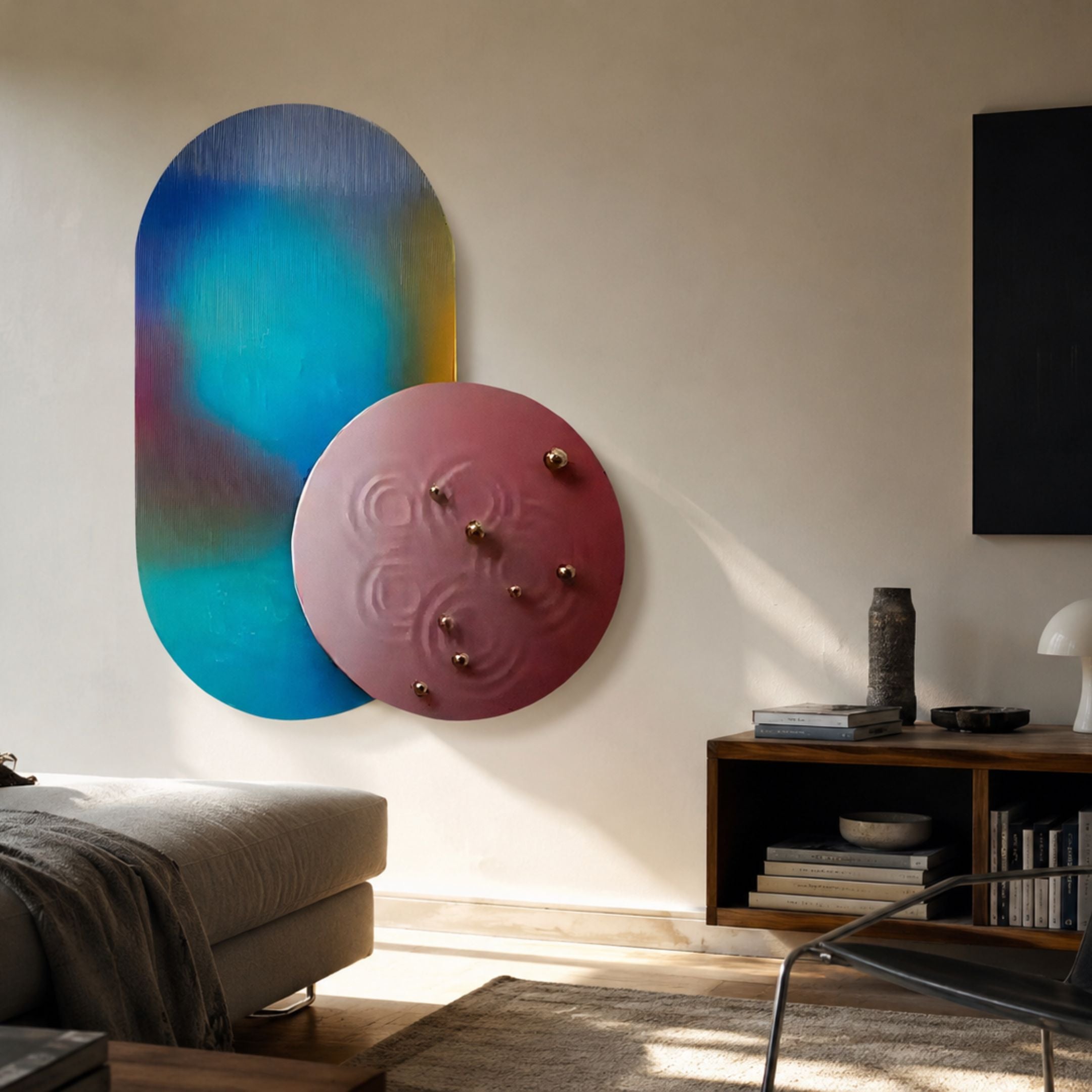 Embera Abstract Circle Deep Burgundy & Teal 3D Wall Art displayed in a living room, pairing a tall blue-teal gradient panel with a pink disc studded with gold spheres.