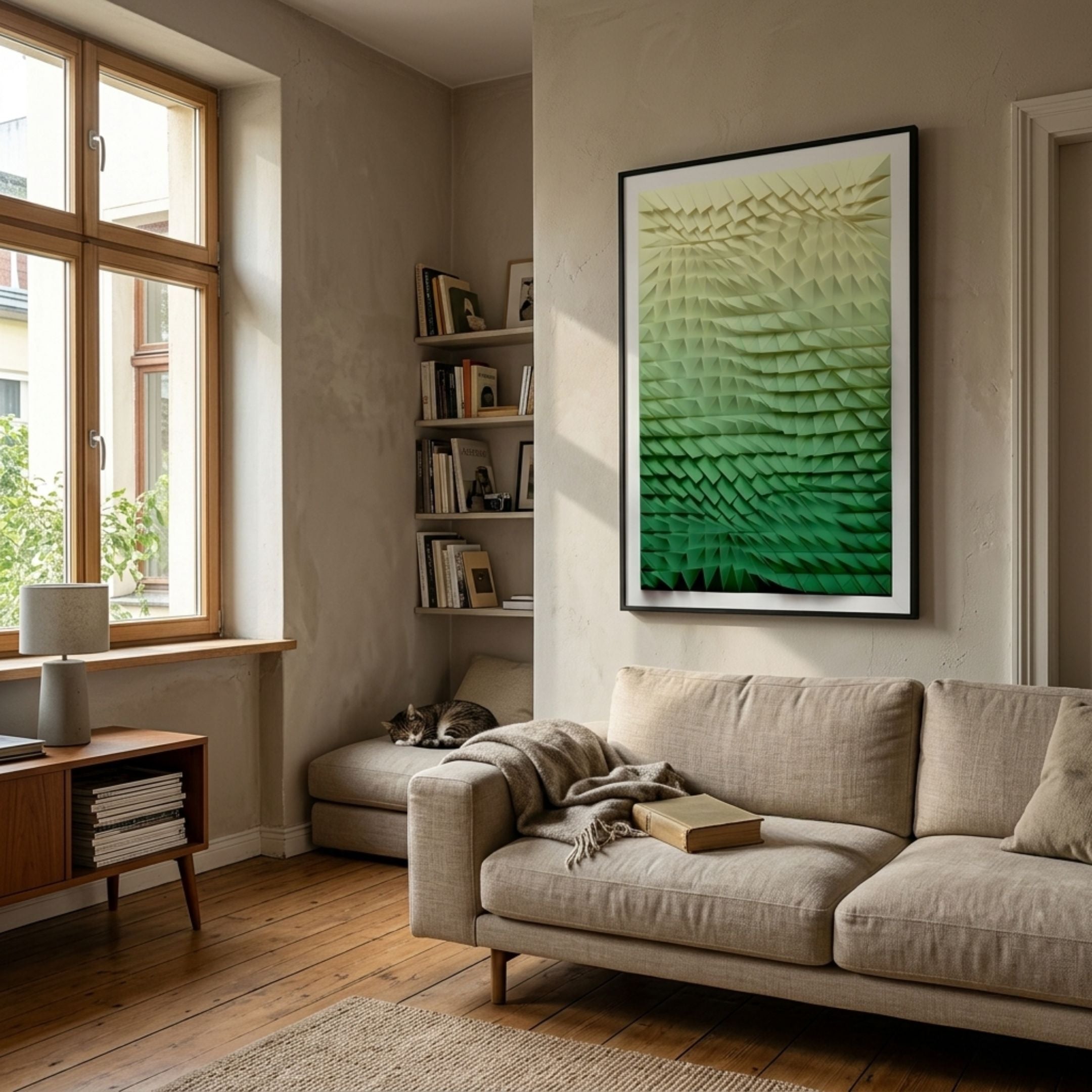 Elorium Green Gradient Hand-Painted Wood Relief 3D Wall Art by Giant Sculptures displayed above a beige sofa in a sunlit living room with bookshelves.