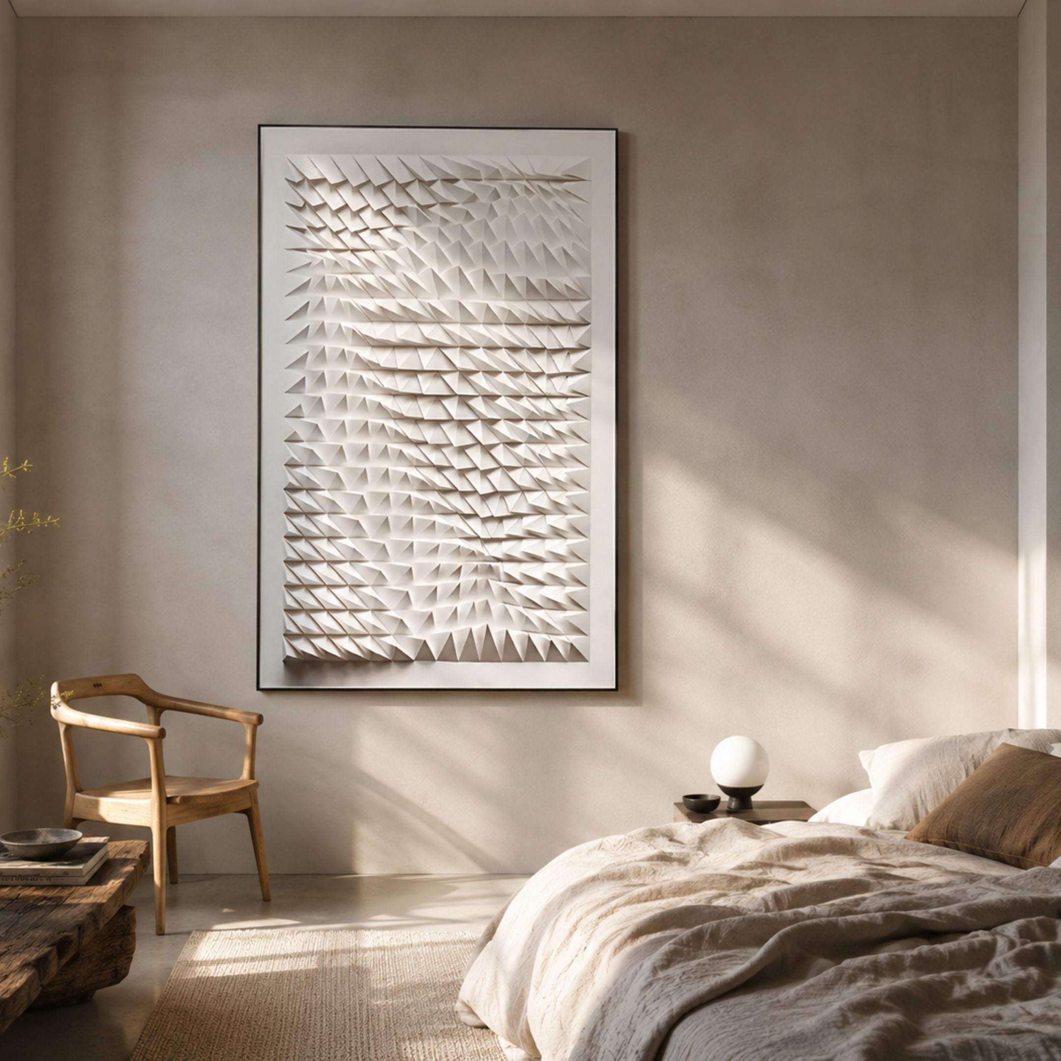 Elorium White Weave Hand-Painted Wood Relief 3D Wall Art by Giant Sculptures displayed in a neutral bedroom above a wooden chair, beside a linen-dressed bed.