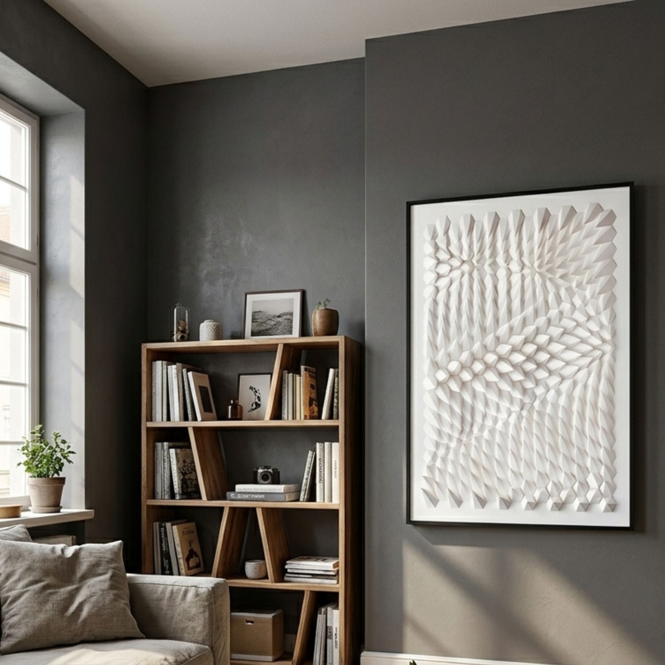 Elorium White Strata Hand-Painted Wood Relief 3D Wall Art by Giant Sculptures, framed on a grey living room wall beside a wooden bookshelf and window.