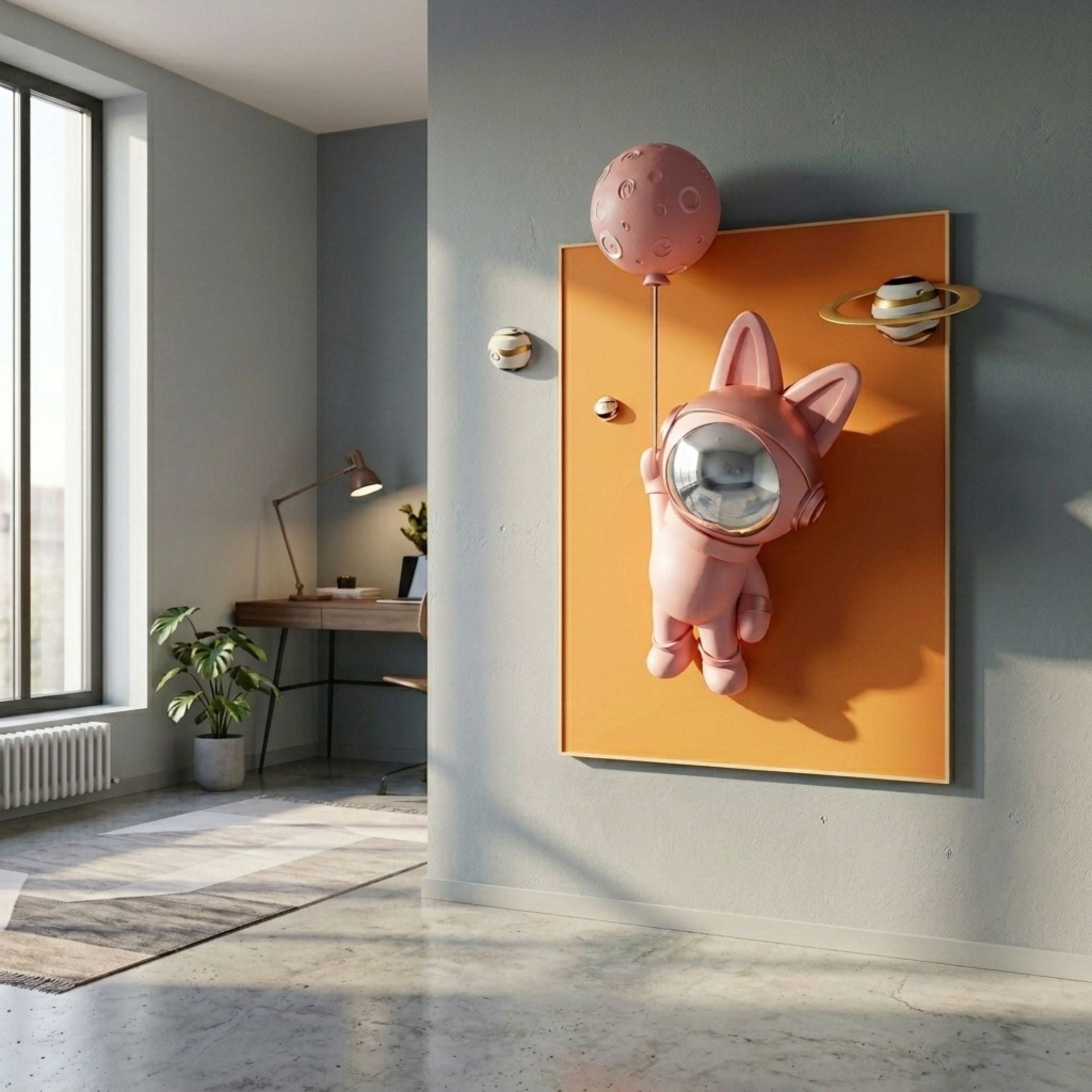 Pink 3D Astronaut Bunny Balloon Orange Wall Art by Giant Sculptures displayed on a grey wall in a modern home office with a desk, plant, and window.