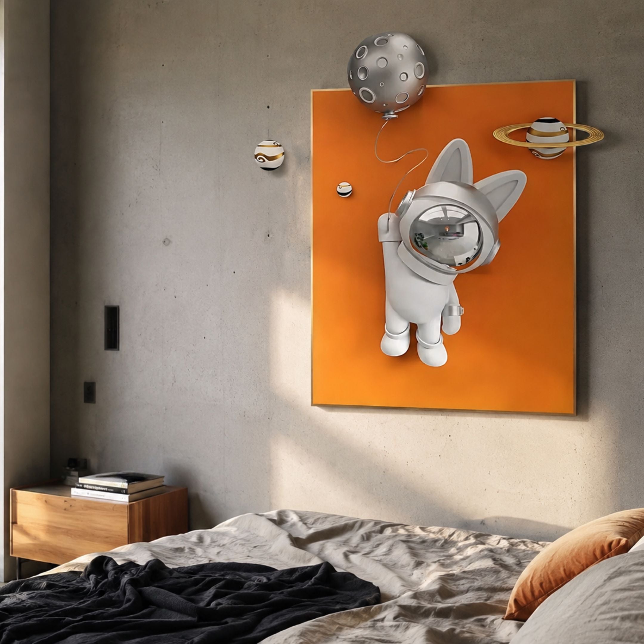 Chrome astronaut bunny holding a silver moon balloon on an orange panel with ringed planets, mounted above a bed beside a walnut nightstand.