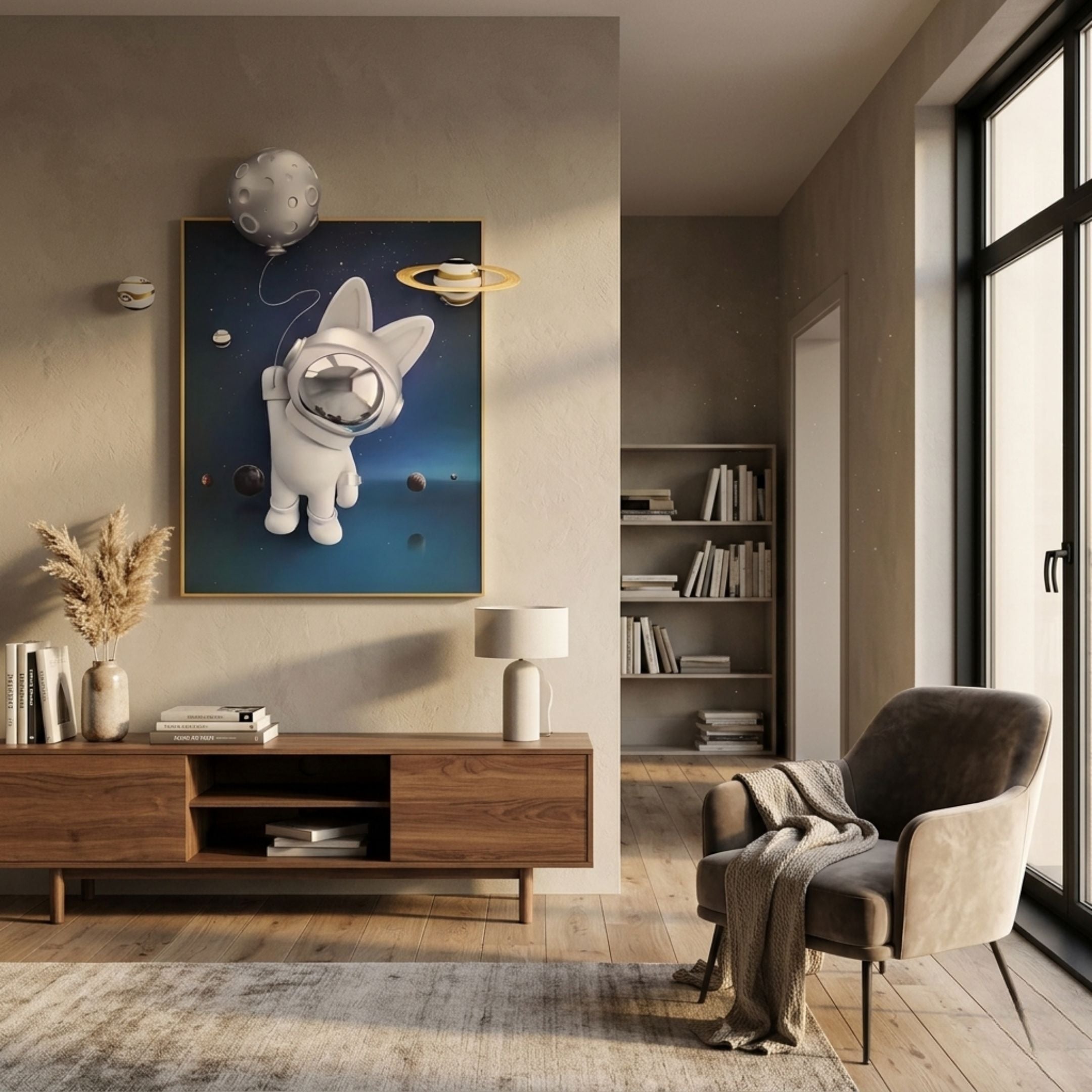 Chrome 3D Astronaut Bunny Balloon Starry Wall Art by Giant Sculptures displayed above a walnut console in a neutral living room with armchair and bookshelf.