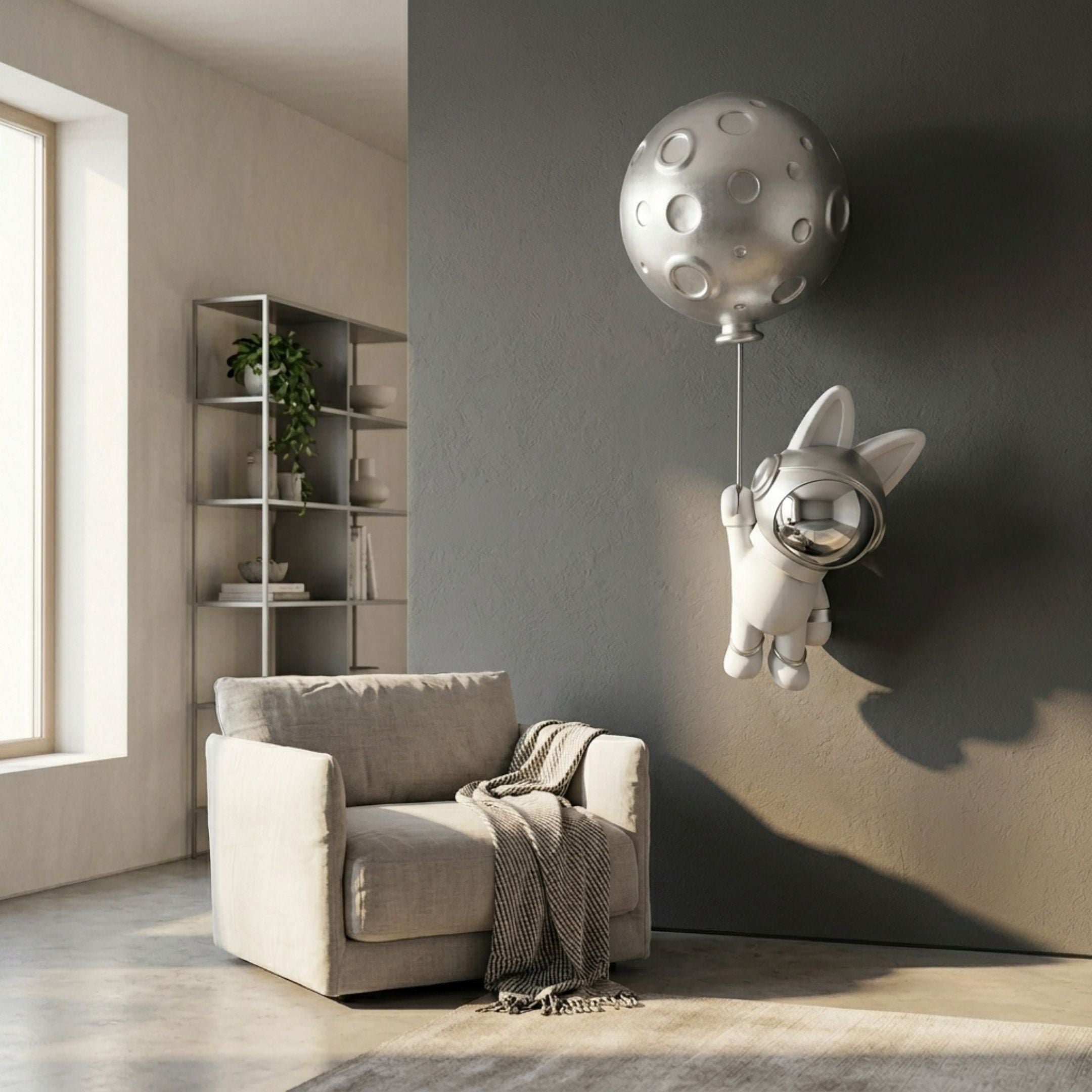 Chrome Astronaut Bunny Large Balloon 3D Wall Art by Giant Sculptures mounted on a grey wall above a beige armchair, with a silver moon balloon tethered above.