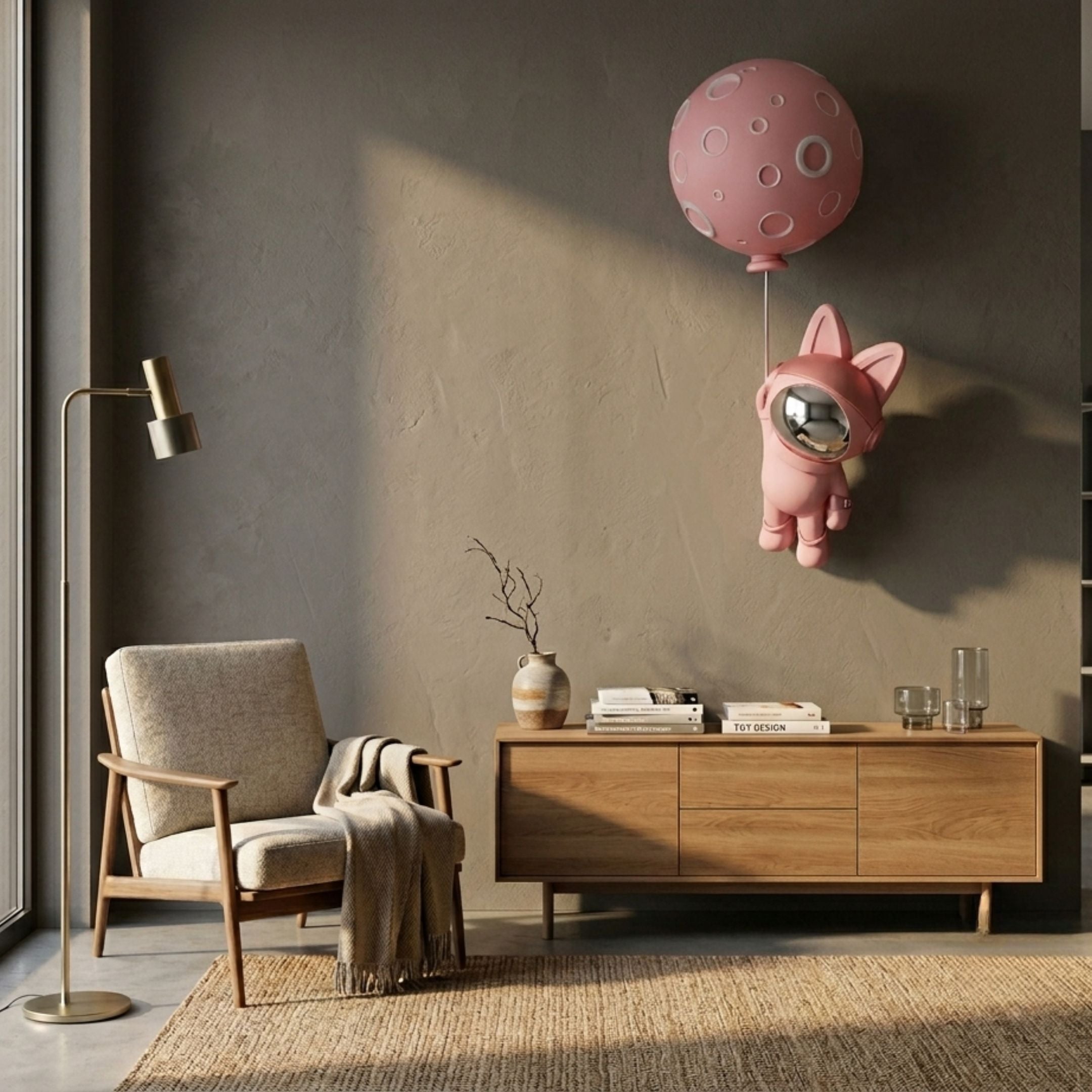 Pink Astronaut Bunny Large Balloon 3D Wall Art by Giant Sculptures mounted above a wooden sideboard beside an armchair and brass floor lamp.
