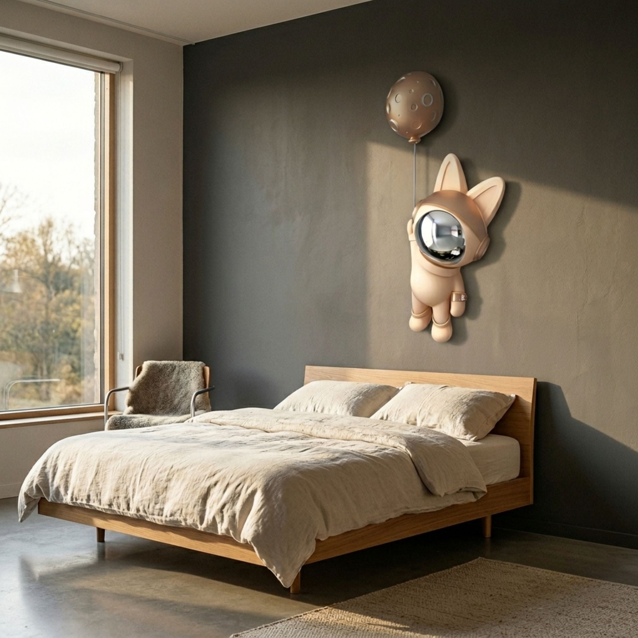 Rose Gold Astronaut Bunny Balloon 3D Wall Art by Giant Sculptures mounted above a wooden bed in a grey-walled bedroom with a window and armchair.