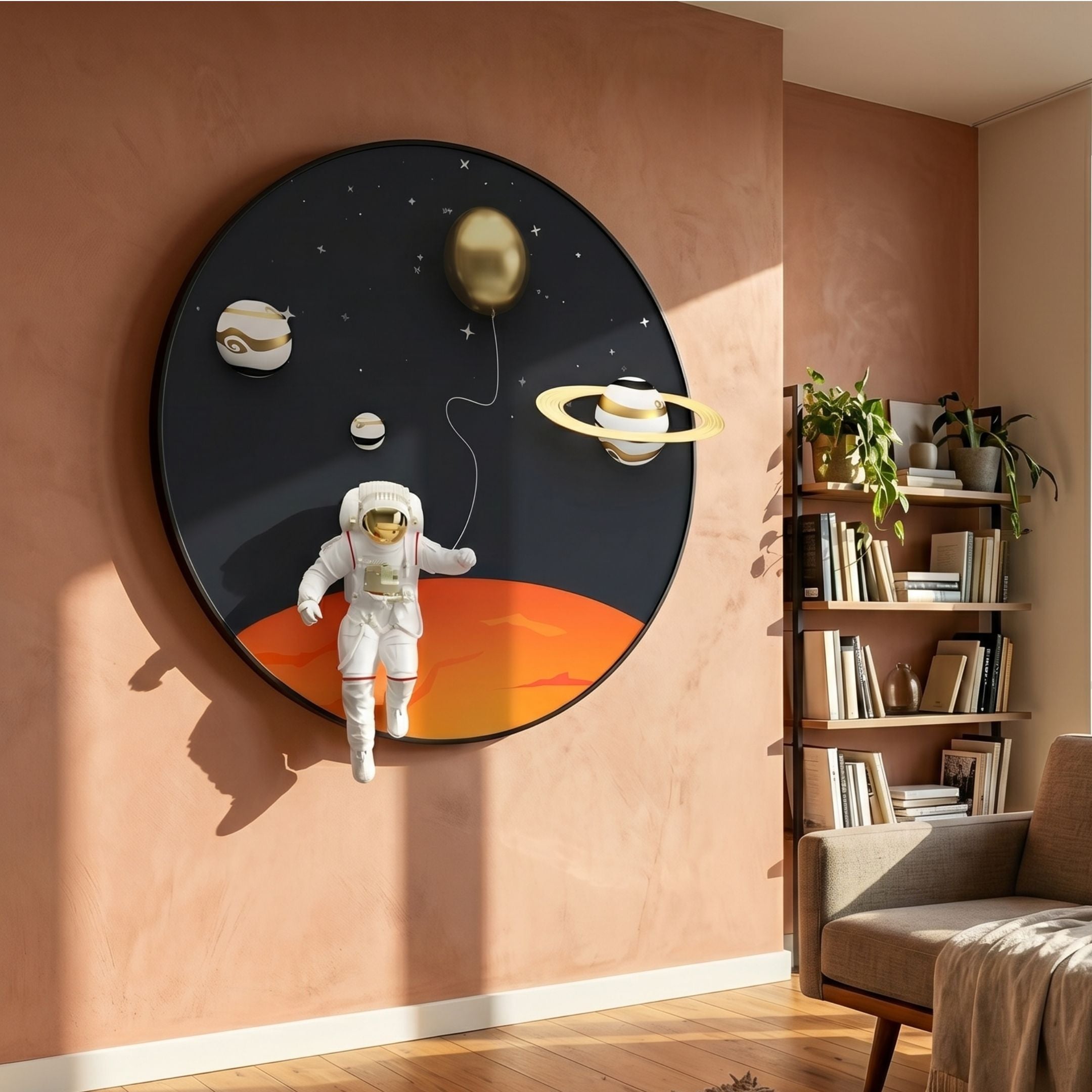 White 3D Space Astronaut Balloon Wall Art by Giant Sculptures, a round panel with astronaut on an orange planet holding a gold balloon, mounted above a bookshelf.